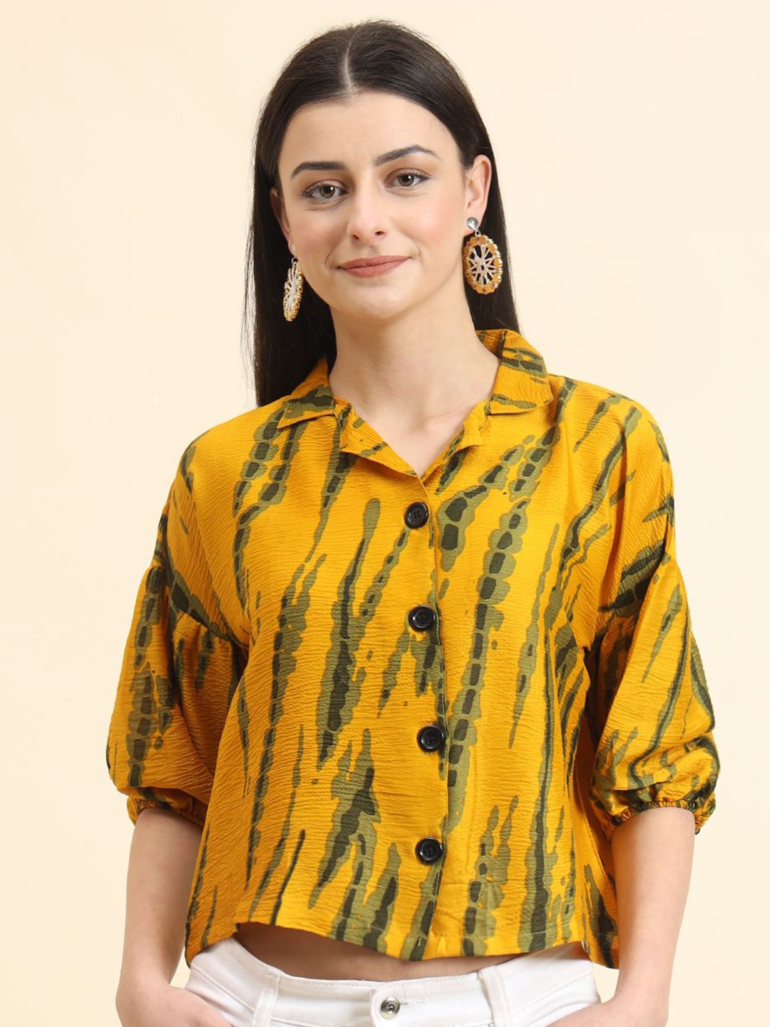 

DressBerry Women Classic Boxy Opaque Printed Casual Shirt, Mustard