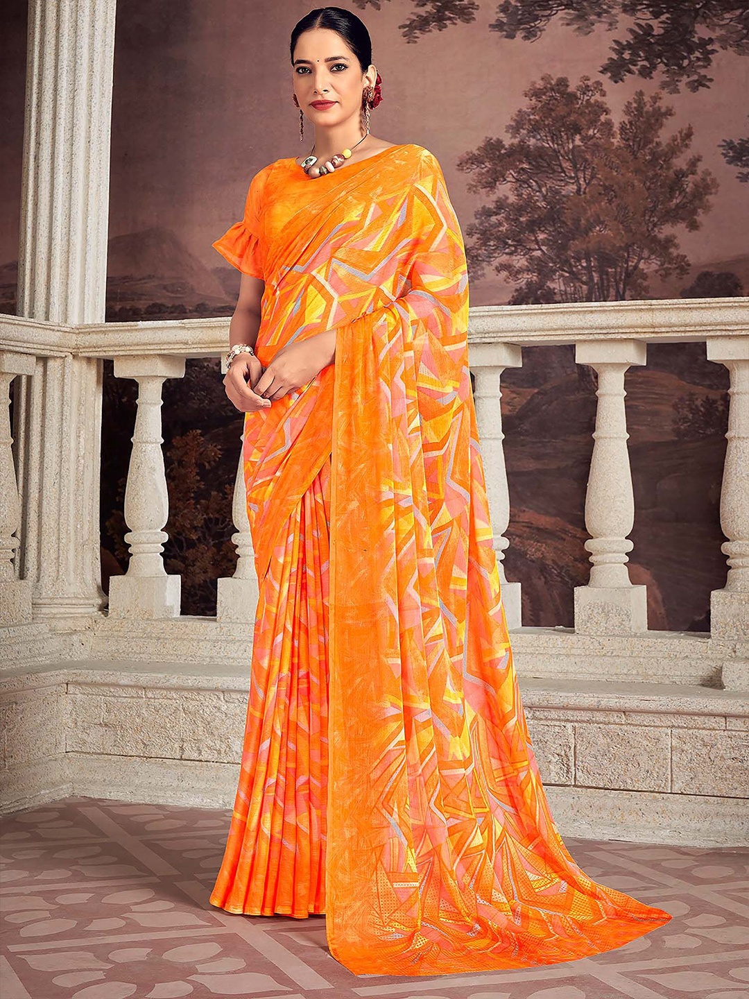 

Saree mall Poly Chiffon Bagru Sarees, Orange