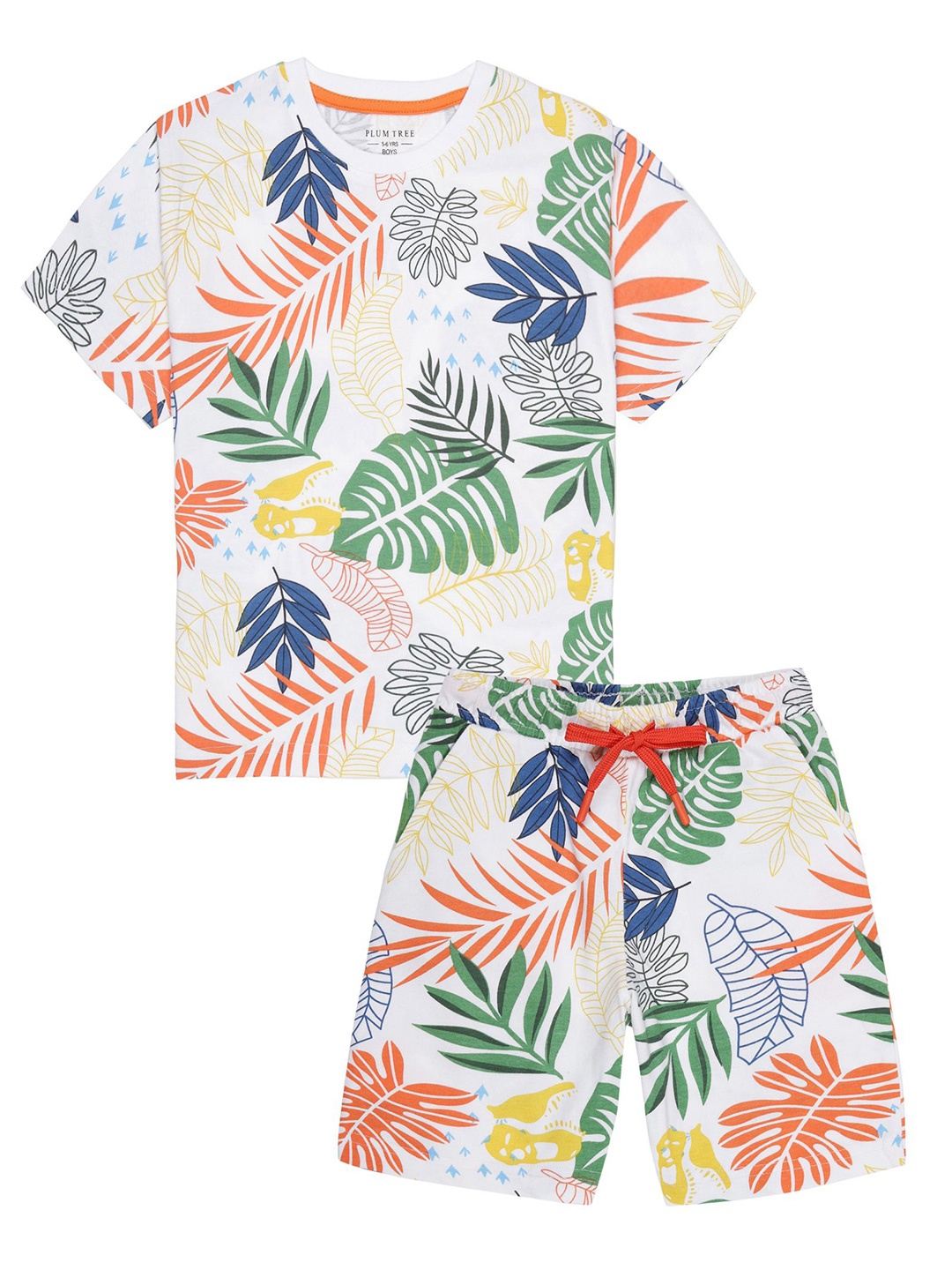 

PLUM TREE Boys Printed Round Neck Pure Cotton T-Shirt With Shorts, Off white