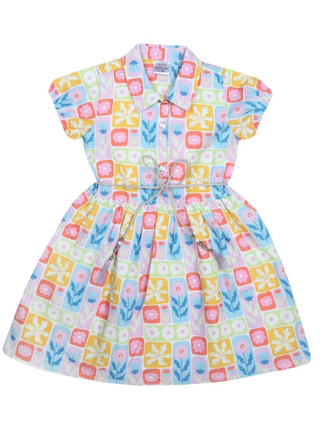 

Doodle Girls Printed Shirt Collar Puff Sleeves Satin Shirt Dress, Off white