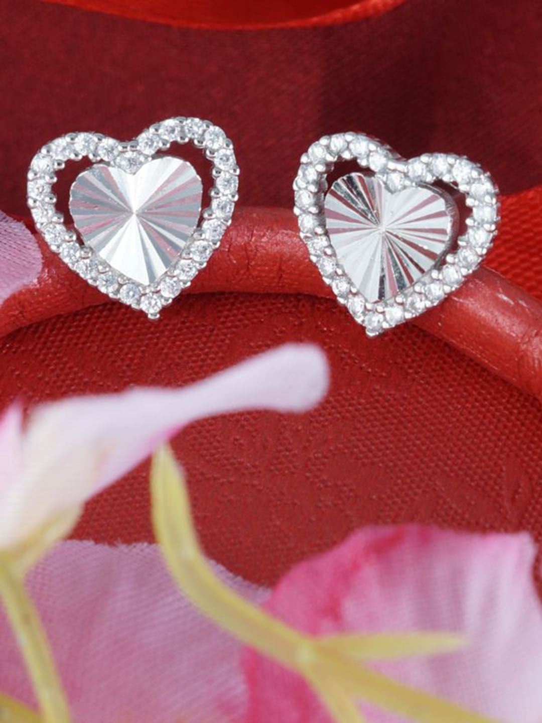 

Tuanz Silver Jewelry 925 Sterling Silver Rhodium-Plated Stone Studded Heart Shaped Studs