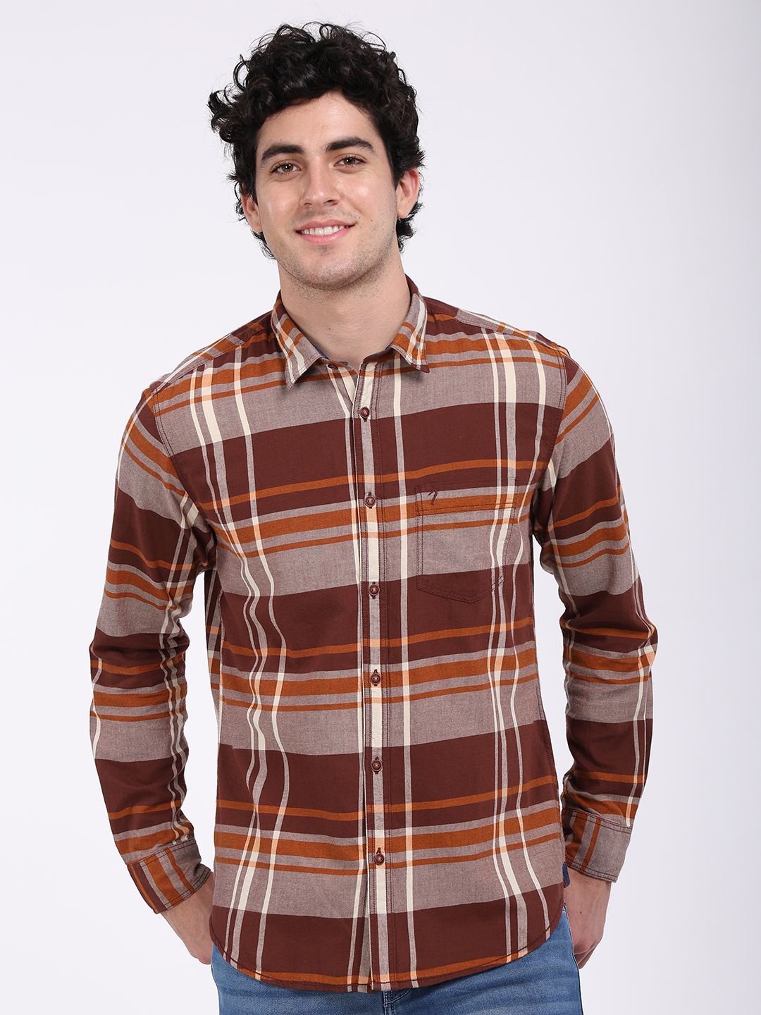 

Indian Terrain Men Classic Slim Fit Tartan Checks Opaque Checked Casual Shirt, Brown