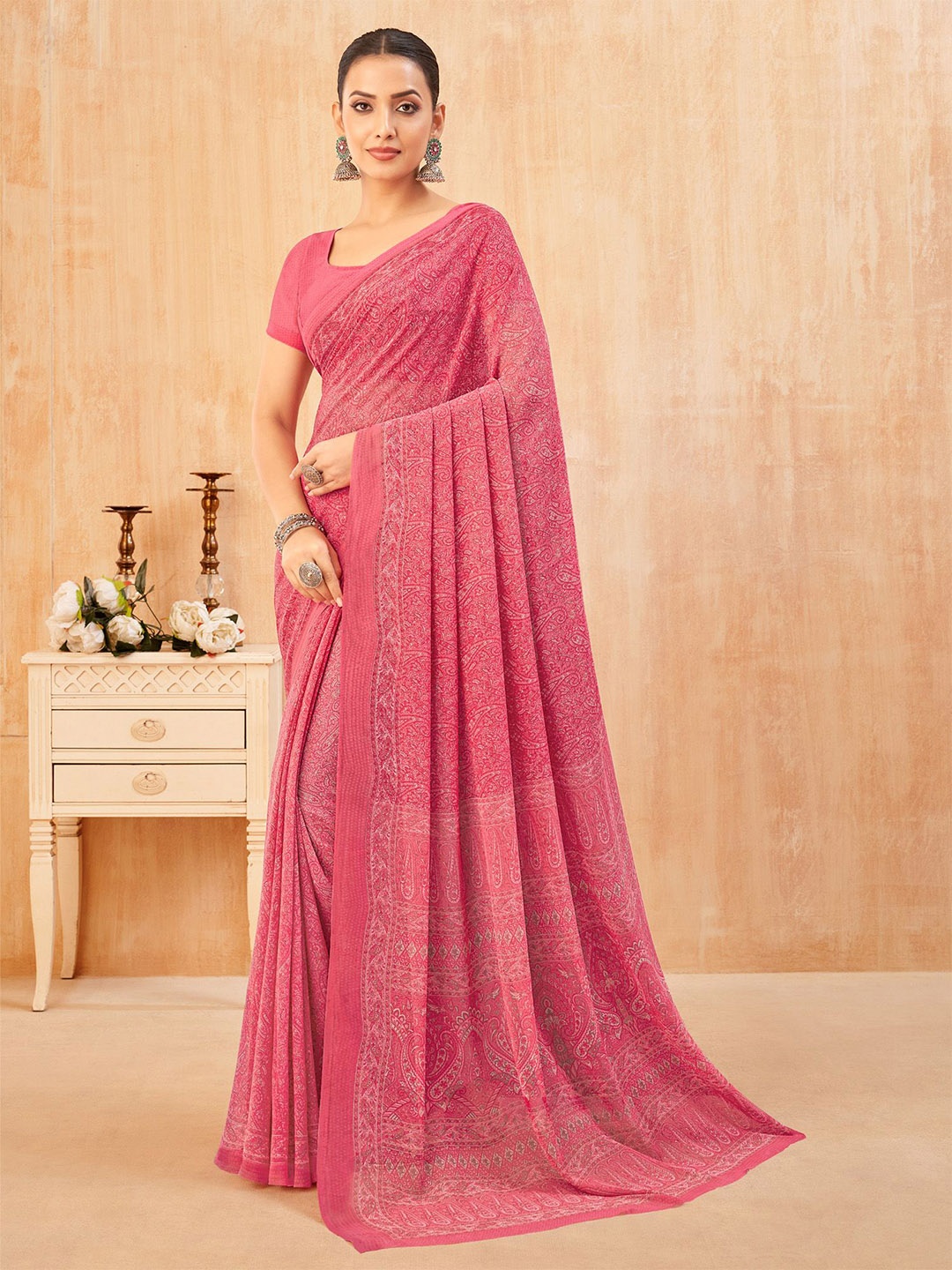

Anouk Rustic Paisley Pure Georgette Dabu Saree, Pink