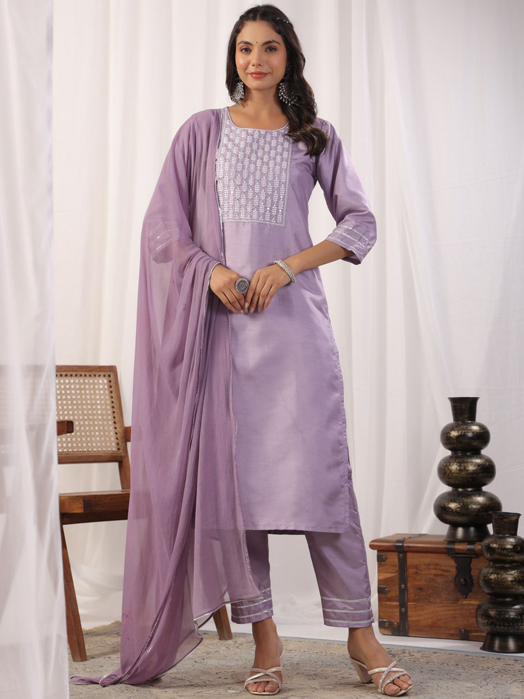 

KALINI Floral Embroidered Sequnnied Round Neck Straight Kurta With Trousers & Dupatta, Lavender