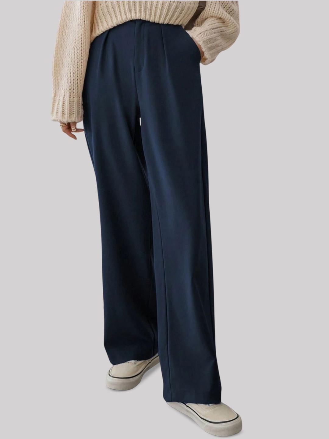 

FNOCKS Women Relaxed Straight Leg Flared High-Rise Trousers, Navy blue