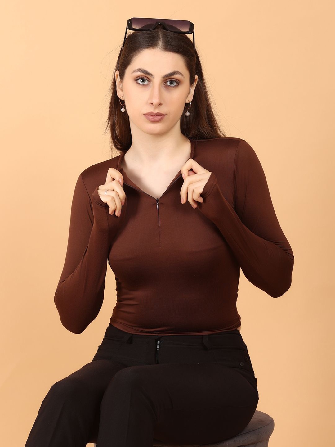 

SIGHTBOMB Women's Solid Full Sleeves Fitted Top, Brown