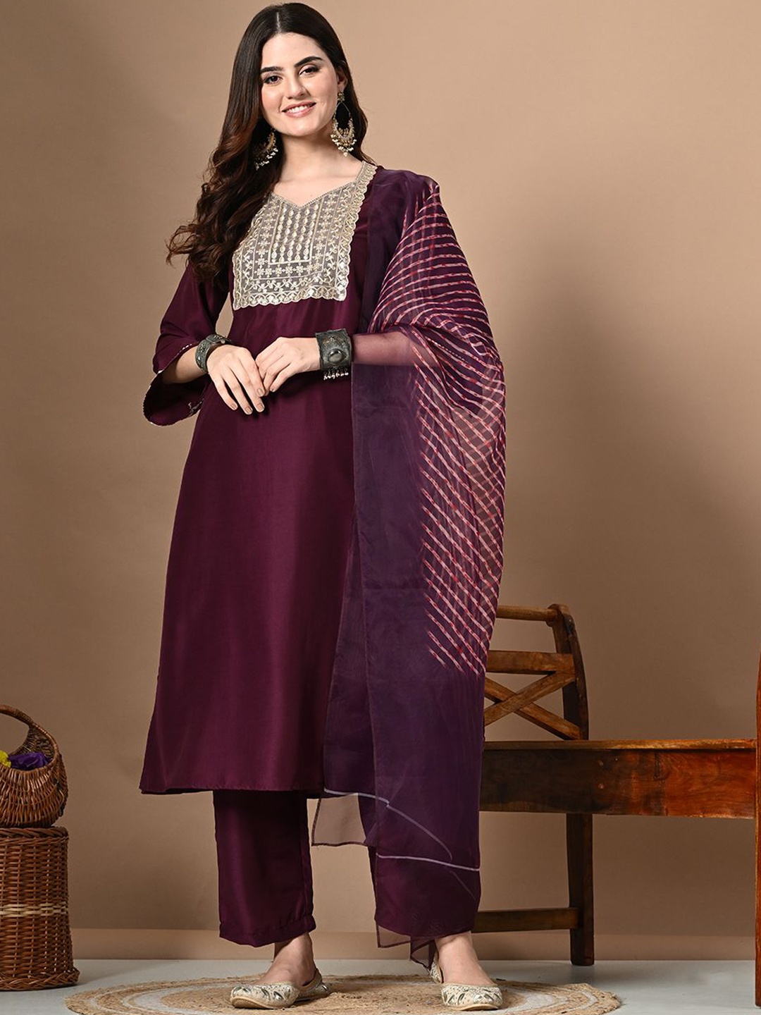 

KALINI Sequinned Embroidered Sweetheart Neck Regular Kurta With Palazzos & Dupatta, Magenta