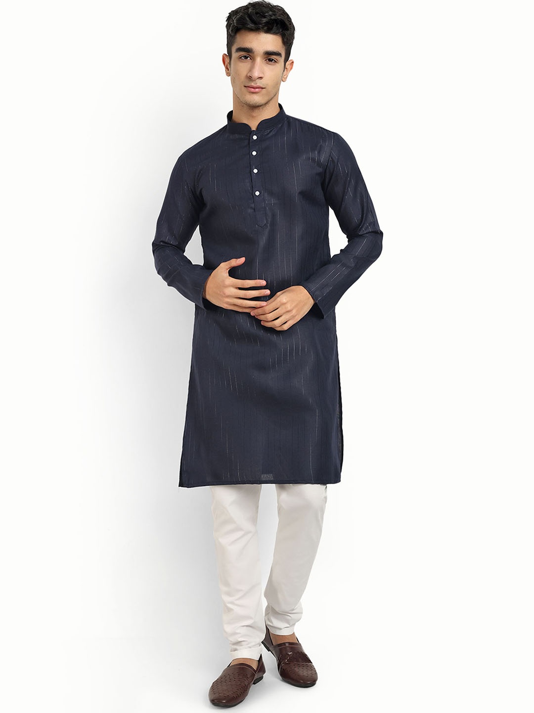 

WELL TEX Striped Embroidered Mandarin Collar Straight Kurta, Navy blue