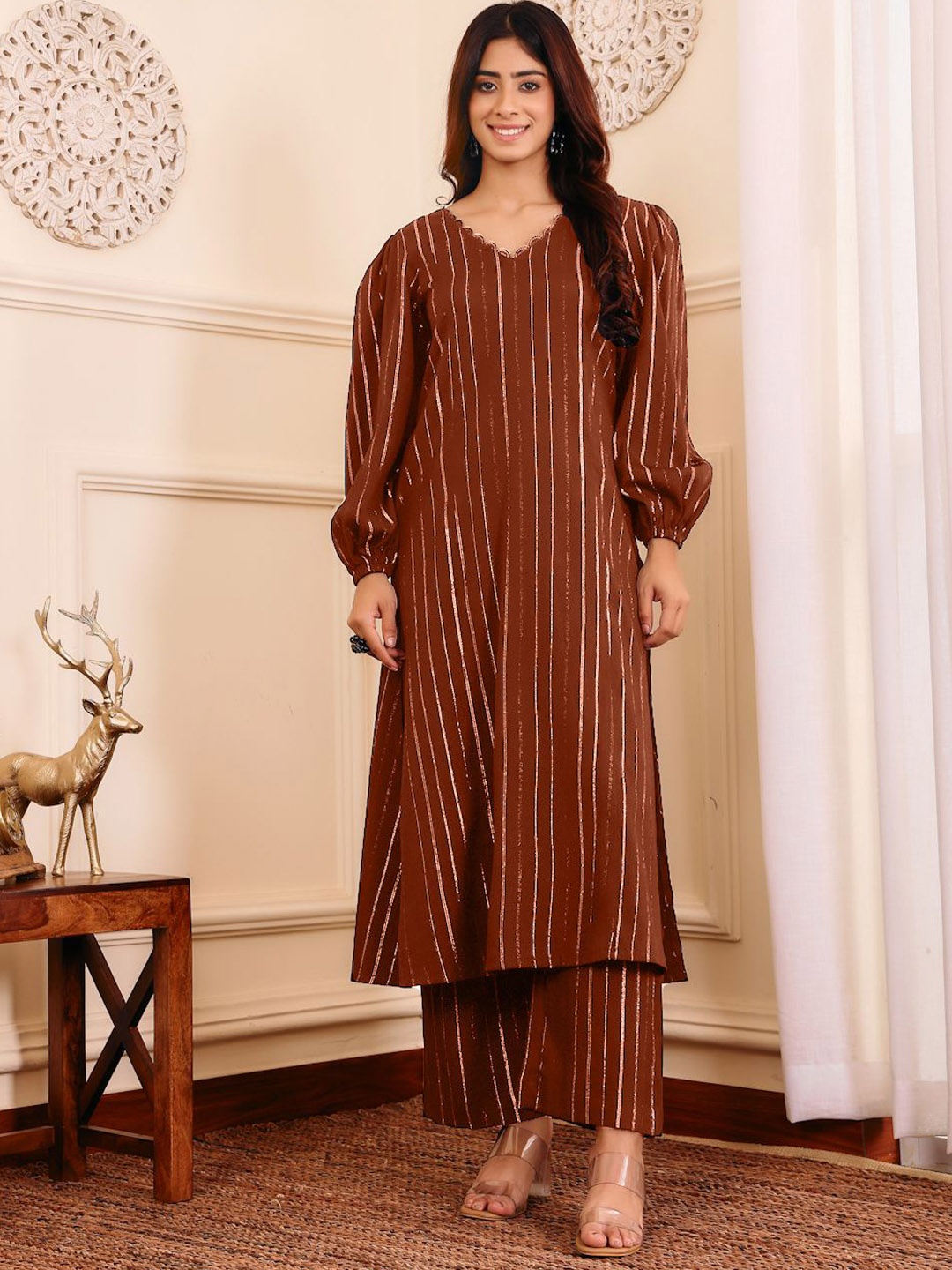

Varanga Striped V-Neck A-Line Kurta With Trousers, Brown