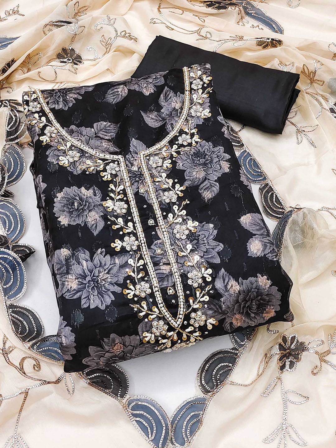 

SAINOOR Floral Embellished Semi-Stitched Dress Material, Black