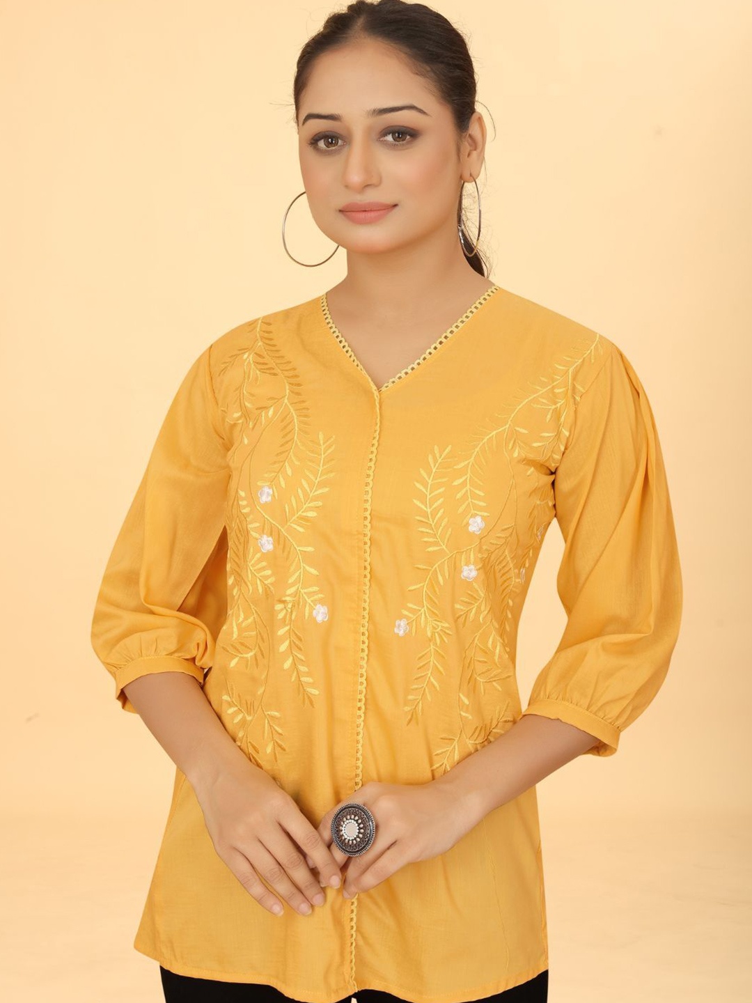 

Puretouch Women V-Neck Embroidered Tunic, Yellow