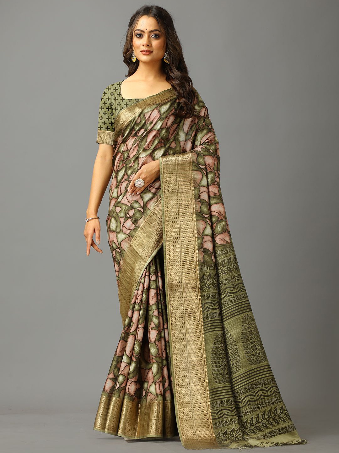 

NIRMAL CREATION Floral Zari Saree, Green