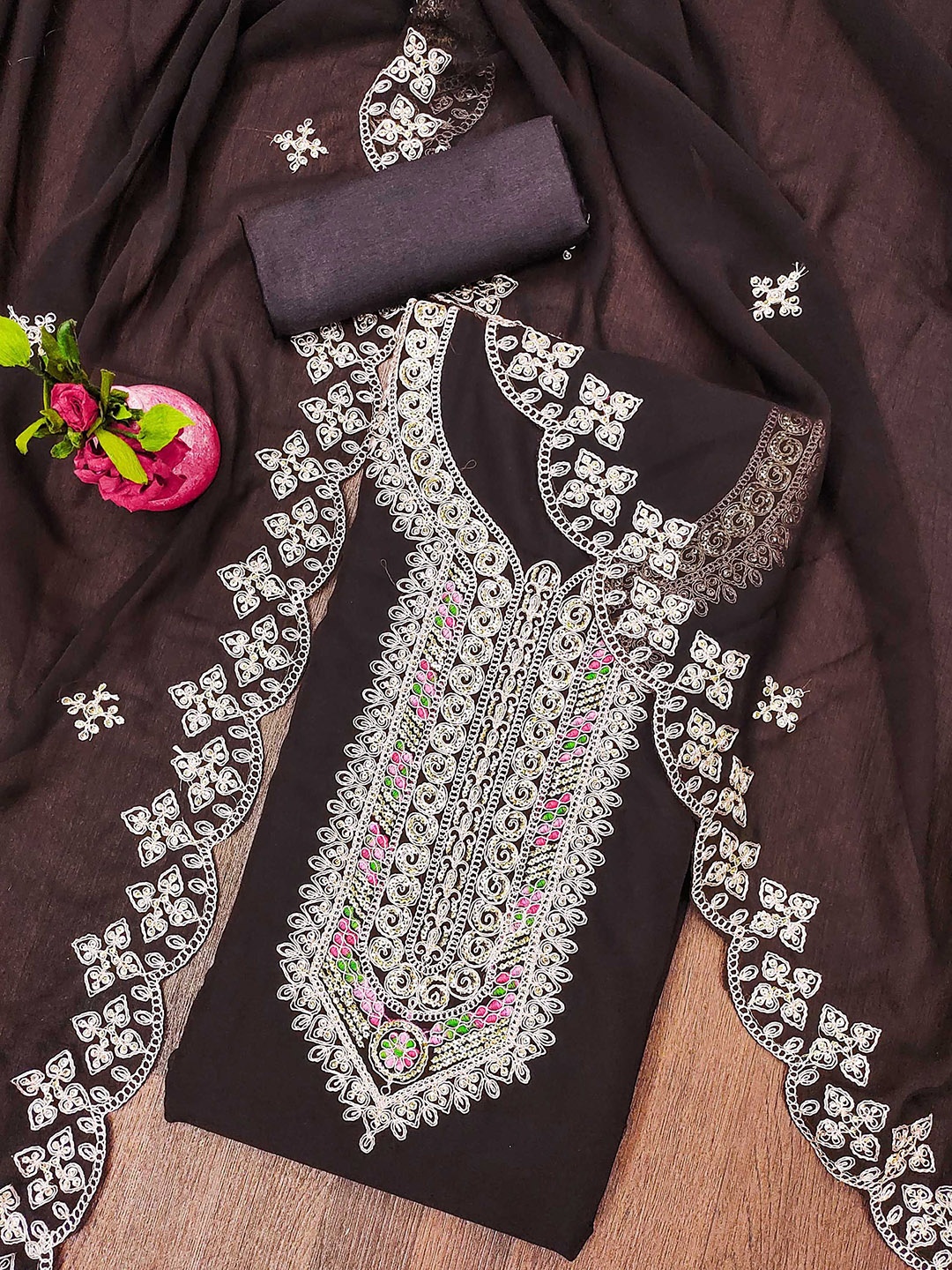 

SAINOOR Floral Embroidered Sequinned Unstitched Dress Material, Brown
