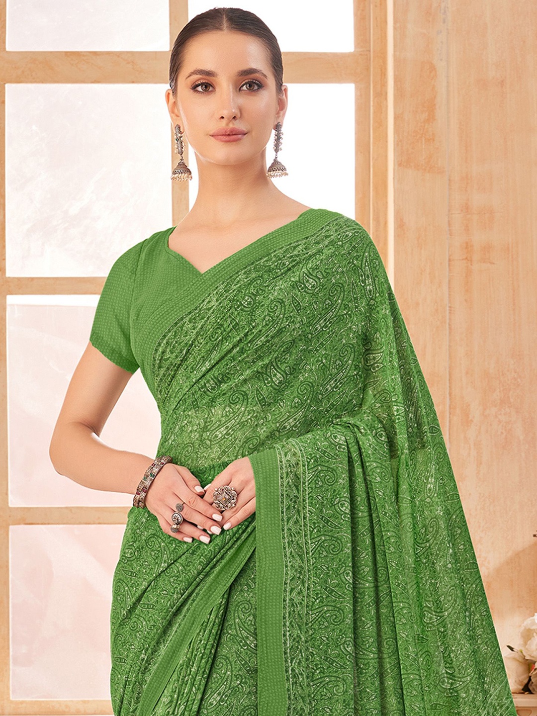 

Anouk Rustic Paisley Pure Georgette Dabu Saree, Green