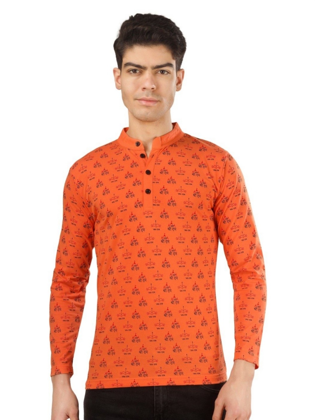 

BLUEFICUS Men Typography Printed Mandarin Collar Cotton T-shirt, Orange