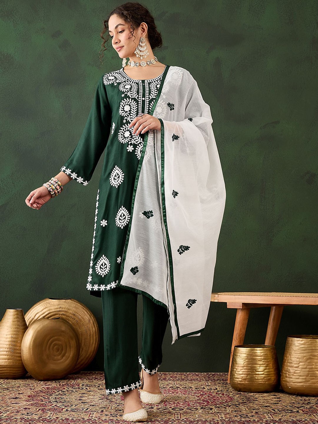 

Maroosh Floral Embroidered Round Neck Thread Work Kurta With Plazzo & Dupatta, Green