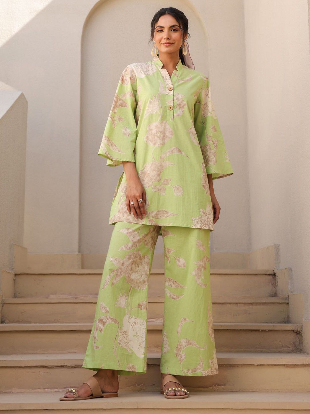 

JISORA Printed Pure Cotton Top & Trouser Co-ord Set, Green
