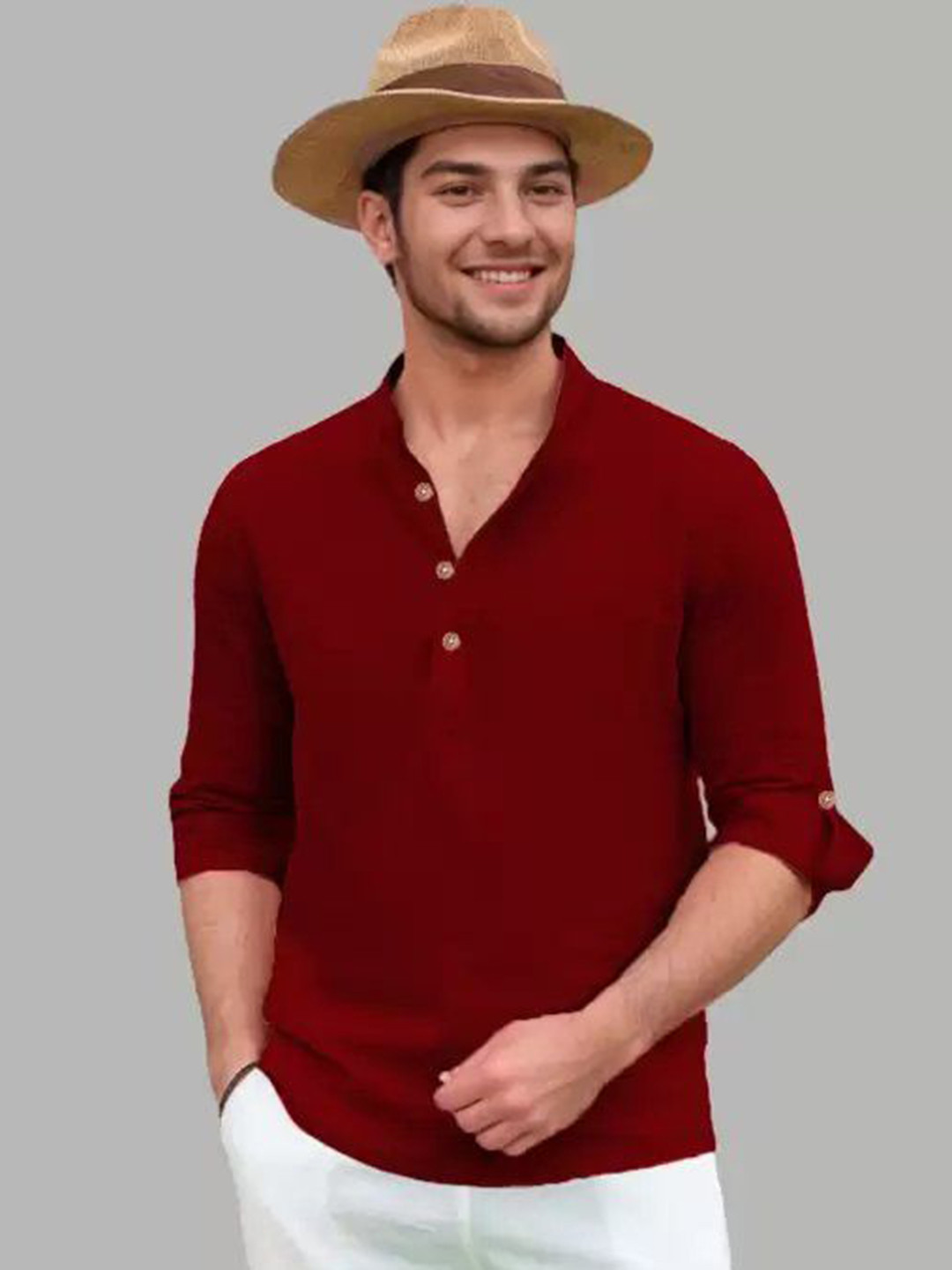 

LIFE ROADS Mandarin Collar Pure Cotton Kurta, Maroon