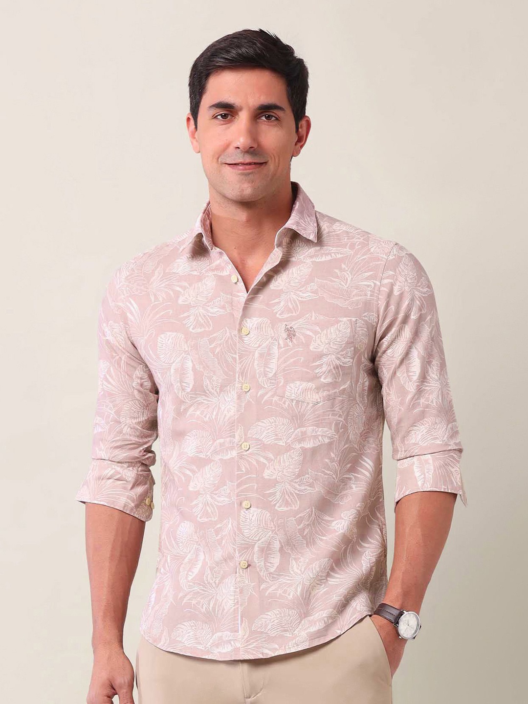 

U.S. Polo Assn. Men Tailored Fit Floral Opaque Printed Casual Shirt, Orange