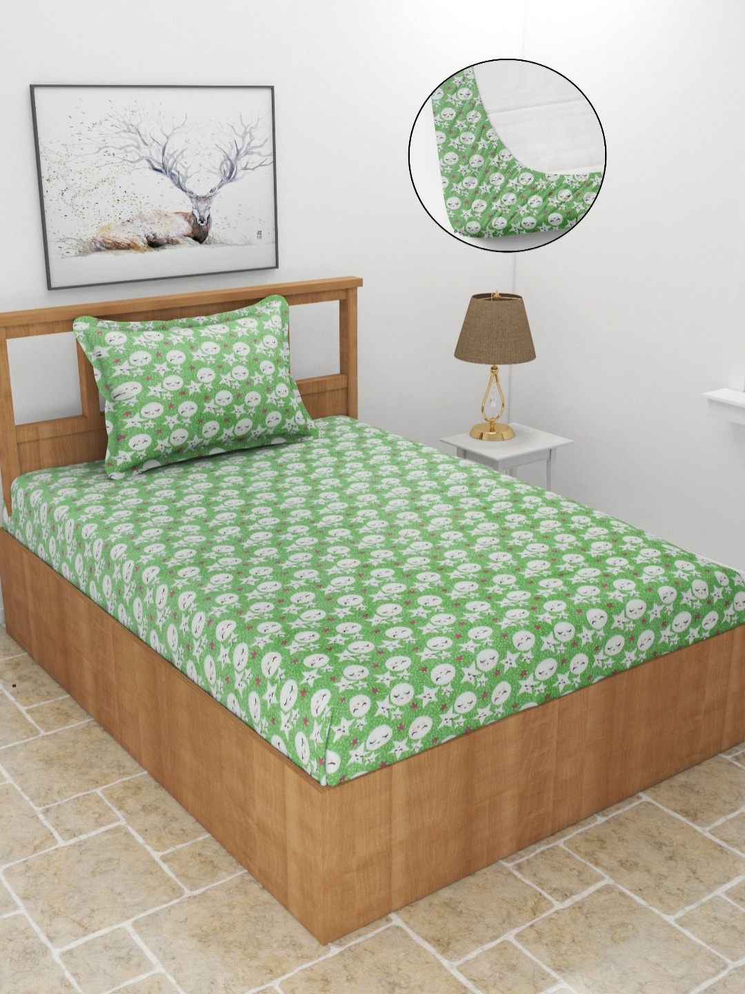 

BREVARD Green Geometric Printed Wool 210 TC Single Bedsheet Set 1.52 m x 2.28 m