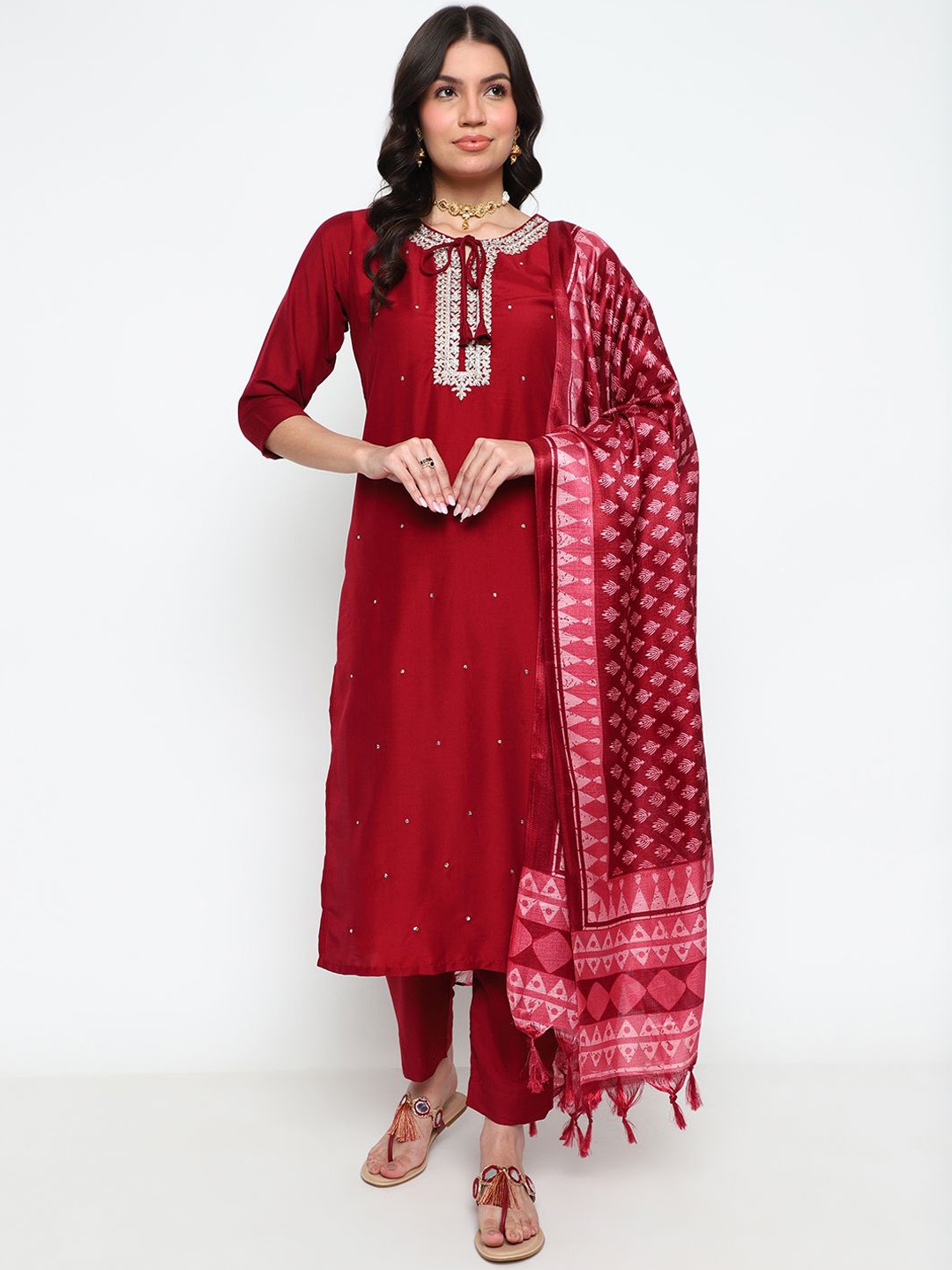 

KALINI Embroidered Tie-Up Neck Kurta With Trousers & Dupatta, Maroon