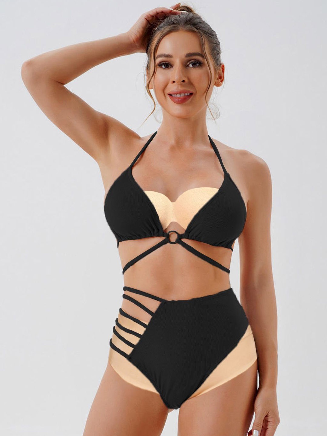 

VAGHBHATT Halter Neck Swim Bikini Set, Black