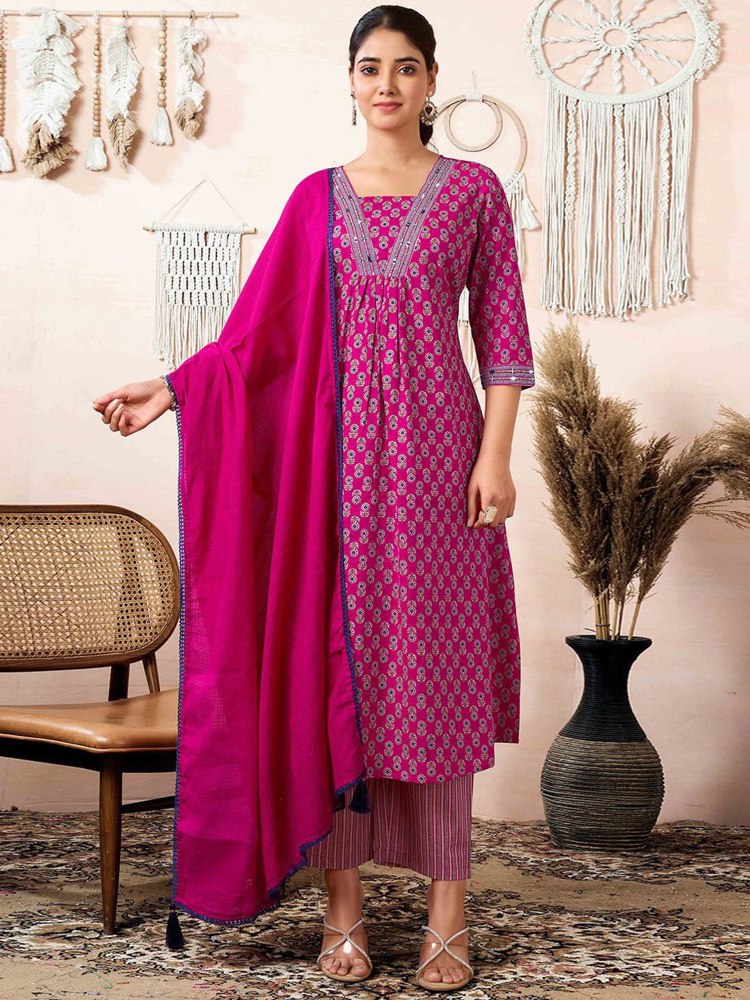 

Peachmode Floral Printed Mirror Work Pure Cotton A-Line Kurta With Trousers & Dupatta, Pink