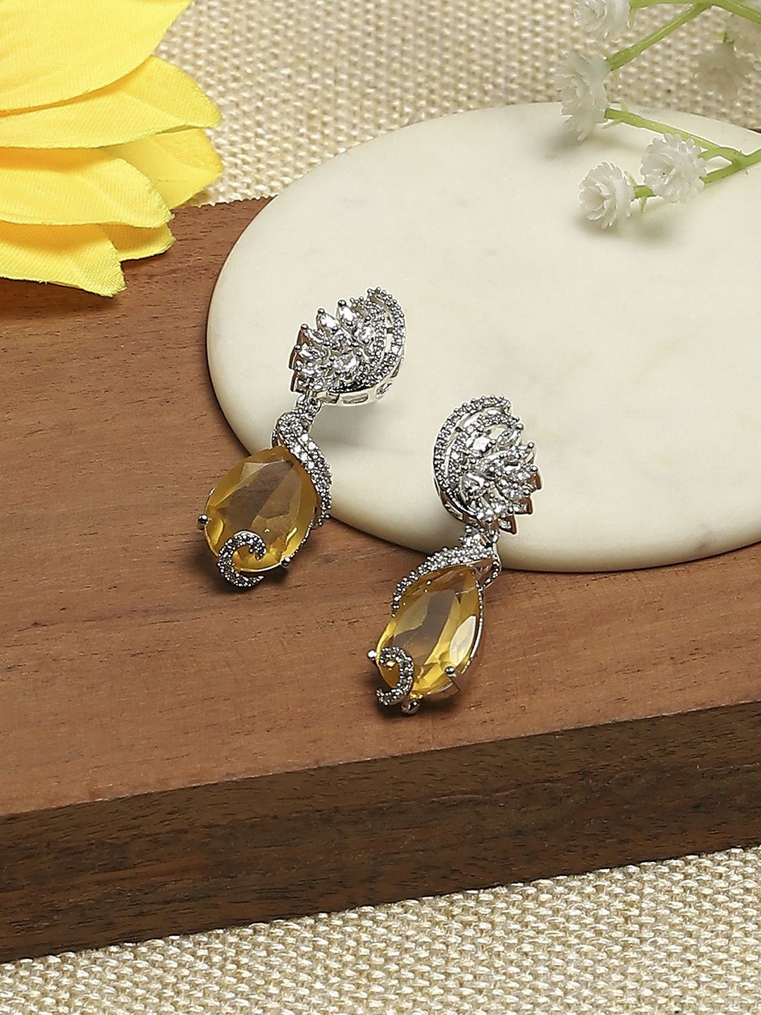 

Biba Silver-Plated Artificial Stones Studded Contemporary Shaped Drop Earrings, Yellow