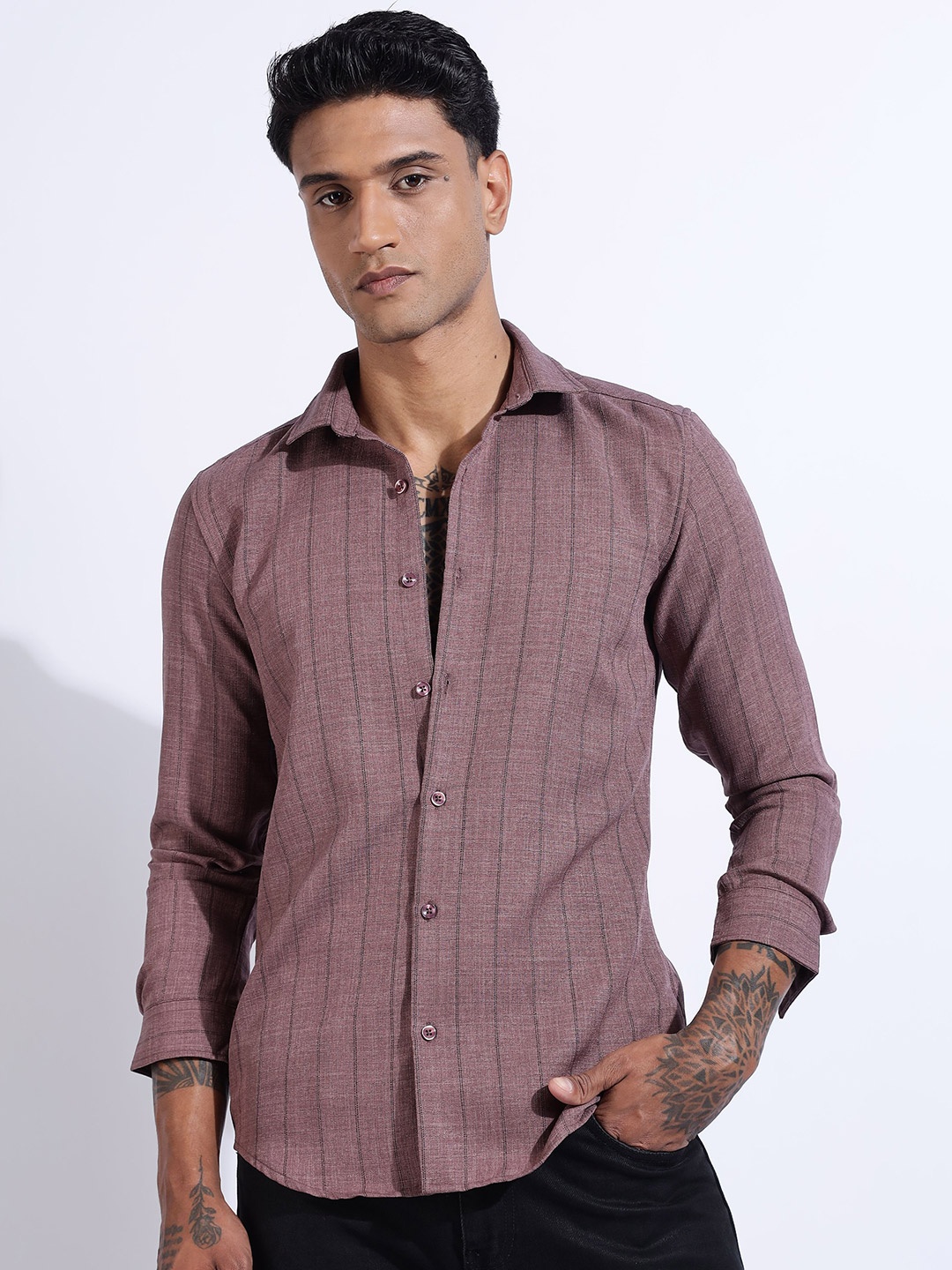 

NEVER NEUD Men Air Like Linen Stripes Regular Slim Fit Casual Shirt, Purple