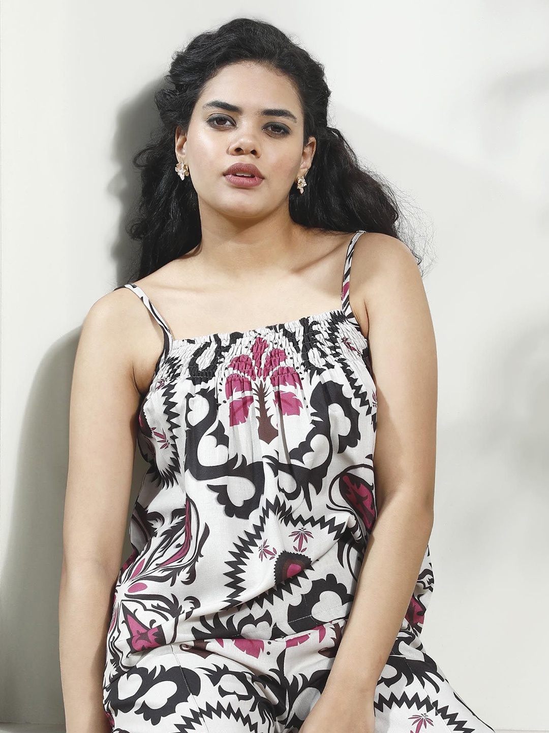 

Boho By Athena Printed Smocked Linen Top, Beige