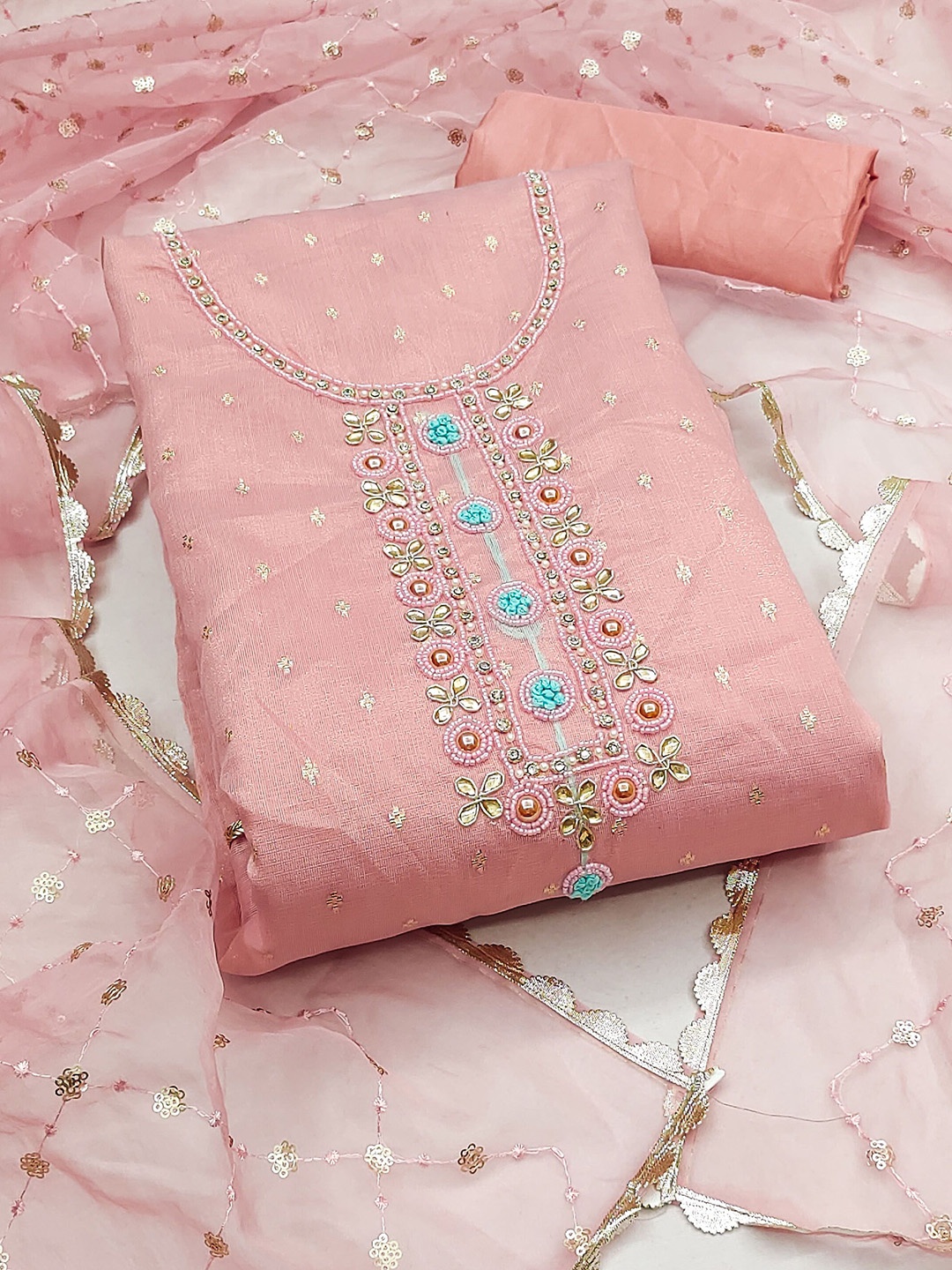 

SAINOOR Embroidered Beads And Stones Organza Semi-Stitched Dress Material, Peach