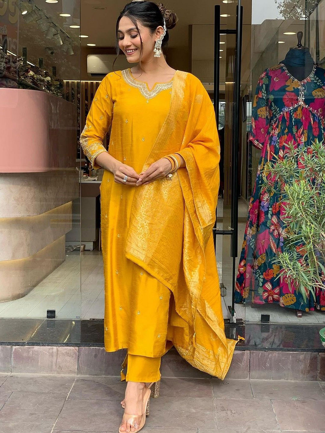 

mimi design Floral Embroidered Beads and Stones Straight Kurta with Trousers & Dupatta, Yellow