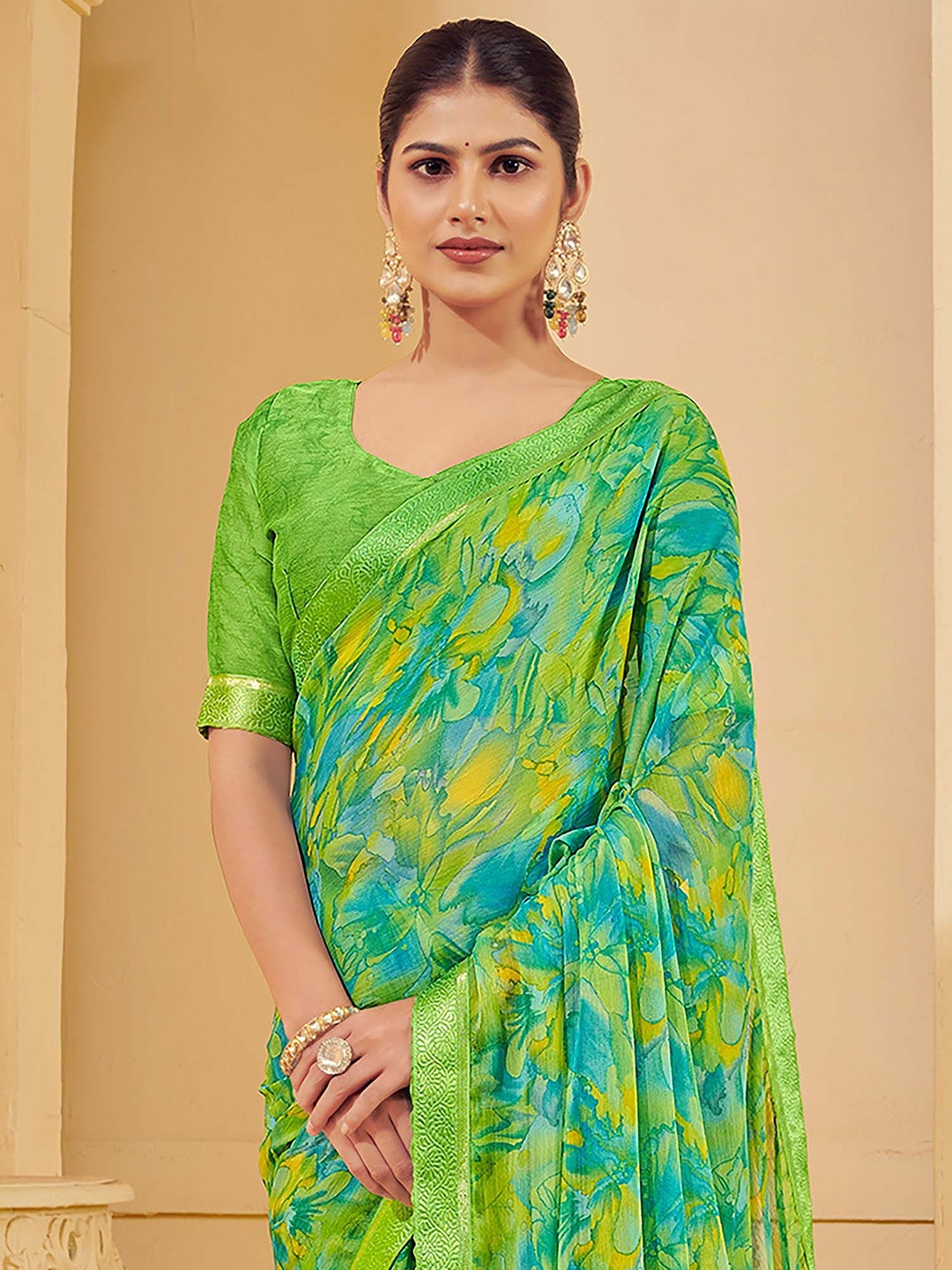 

Anouk Rustic Floral Printed Woven Design Zari Sungudi Saree, Green