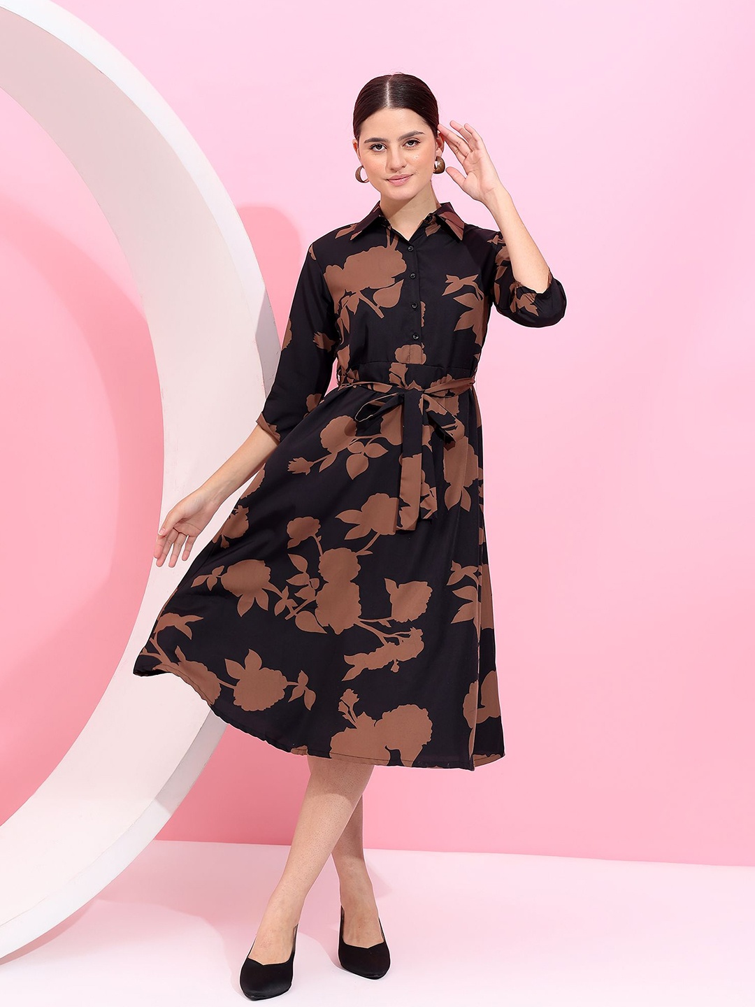 

Fbella Floral Printed Shirt Collar Fit & Flare Midi Dress, Black