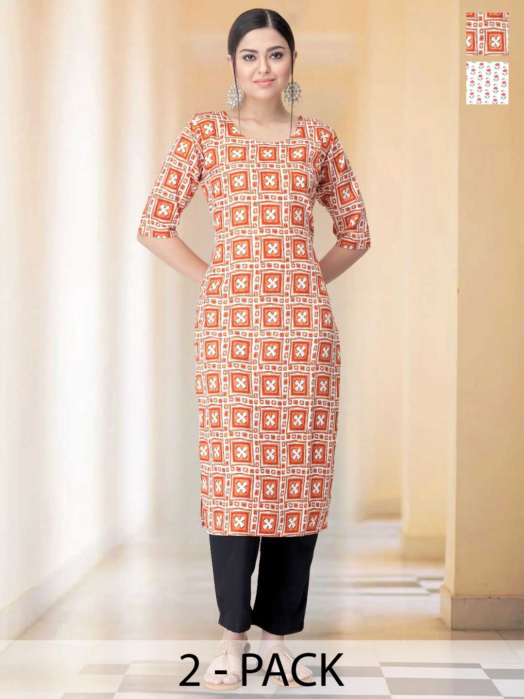 

7Threads Selection Of 2 Ethnic Motifs Printed Round Neck Straight Kurtas With Trousers, White