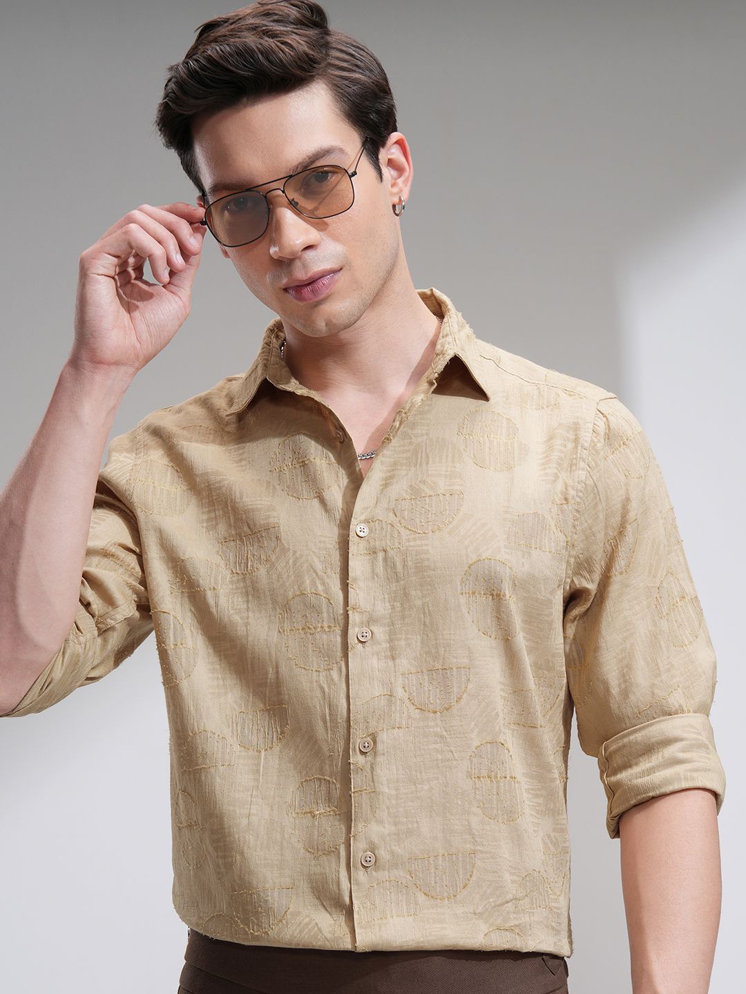 

HIGHLANDER Men Jacquard Embroidered Casual Shirt, Beige