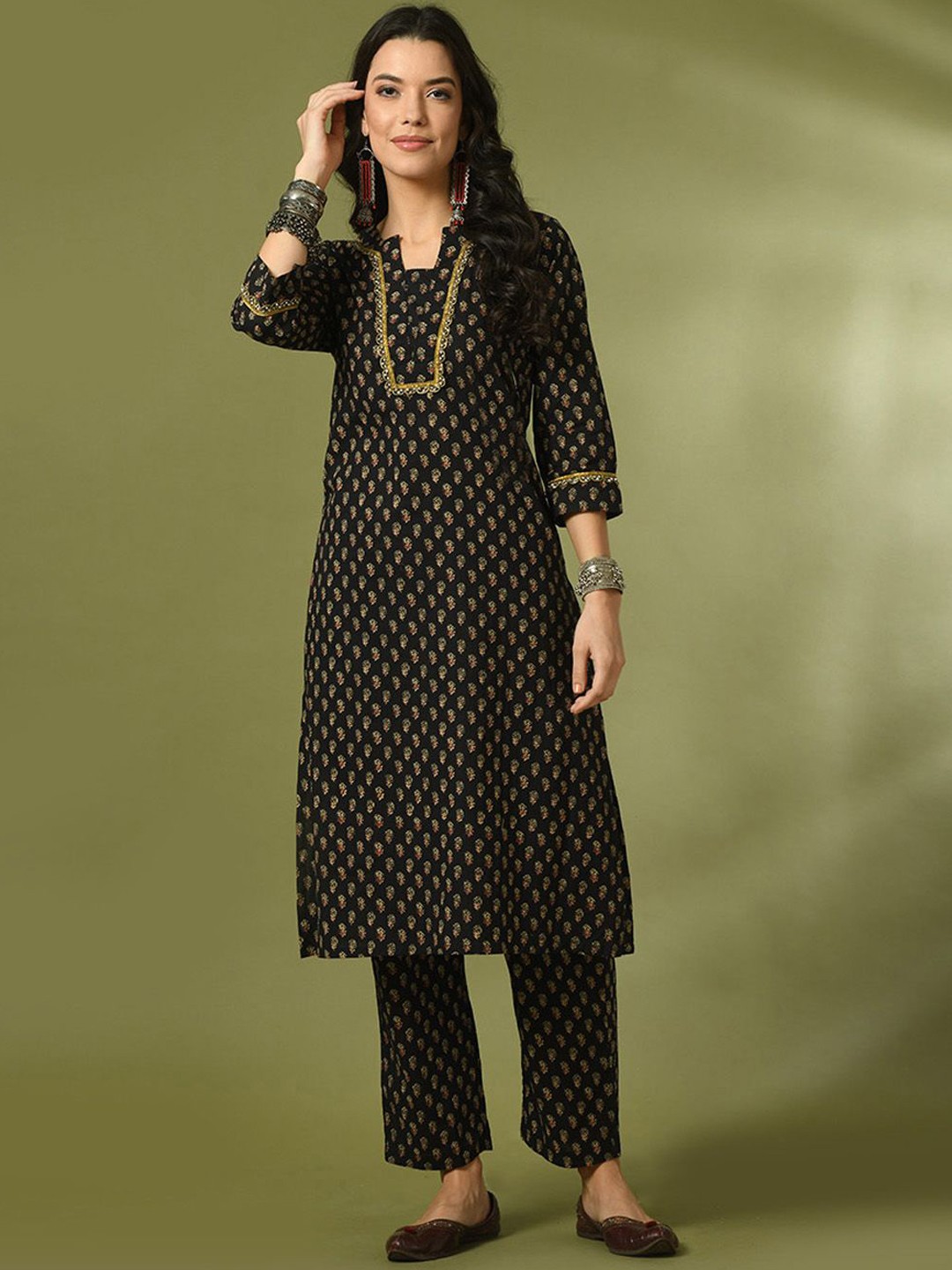 

KALINI Ethnic Motifs Printed Notch Neck Pure Cotton Kurta With Trousers, Black