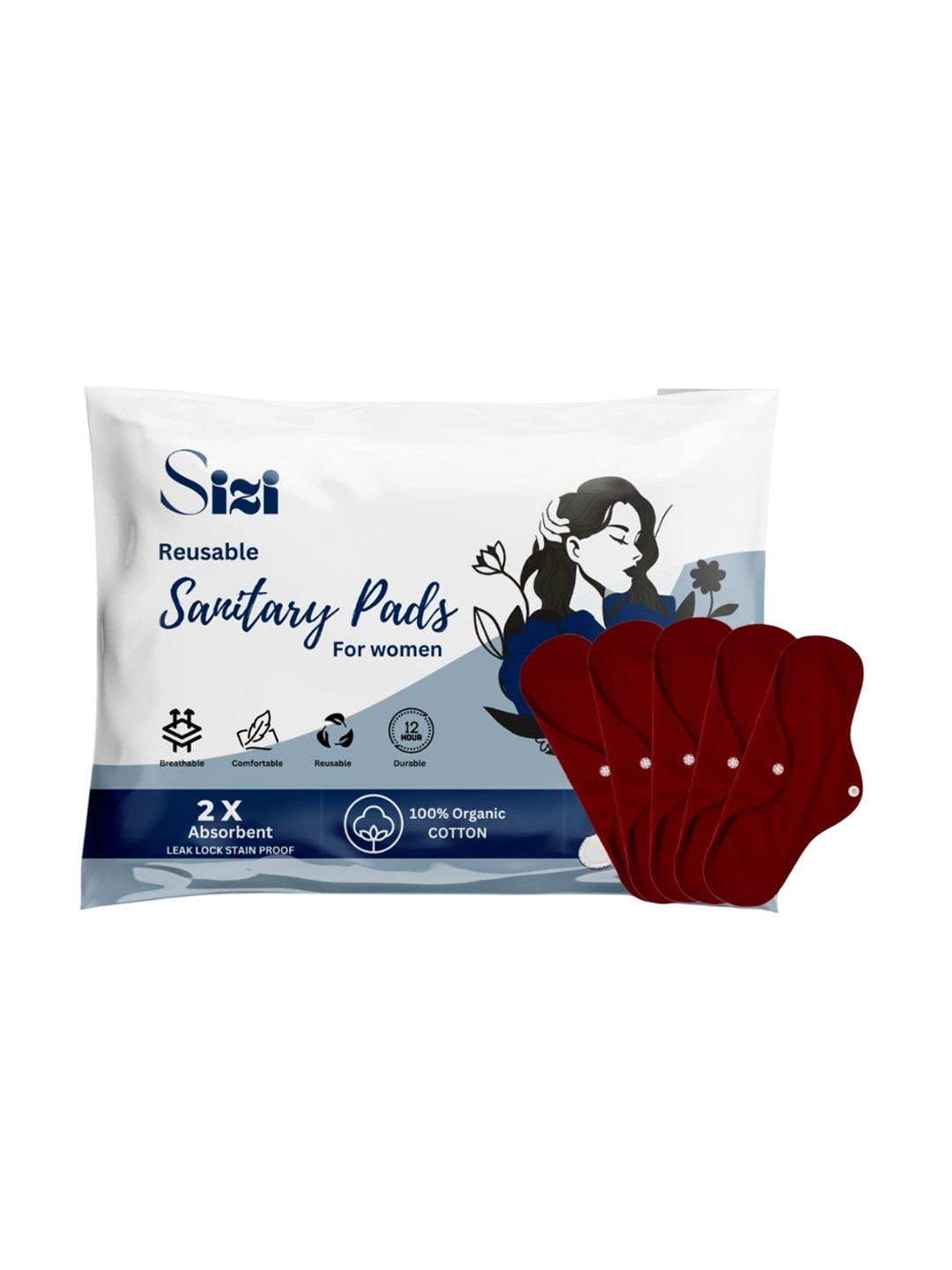 

Sizi Super Absorbent Washable & Reusable Eco-Friendly Sanitary Pads- 5 Pads- XL, Maroon