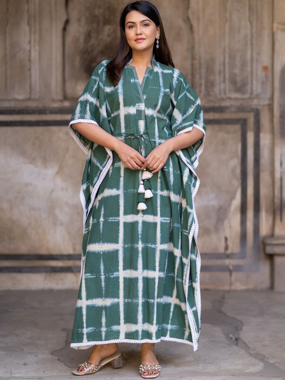 

Navyas Fashion Tie and Dye Kimono Sleeves Cotton Kaftan Maxi Dress, Green