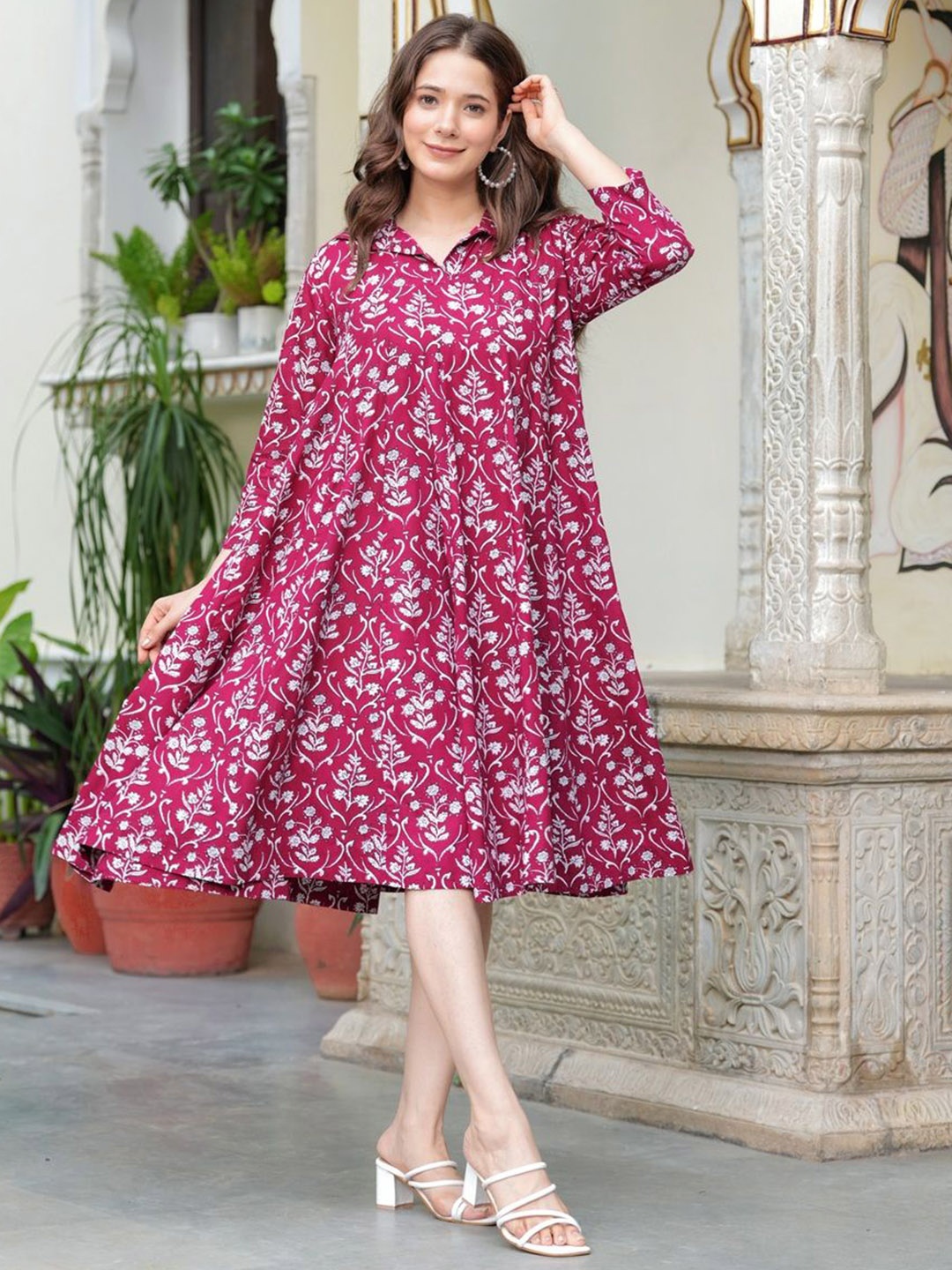 

Demirner Floral Printed Shirt Collar A Line Dress, Maroon