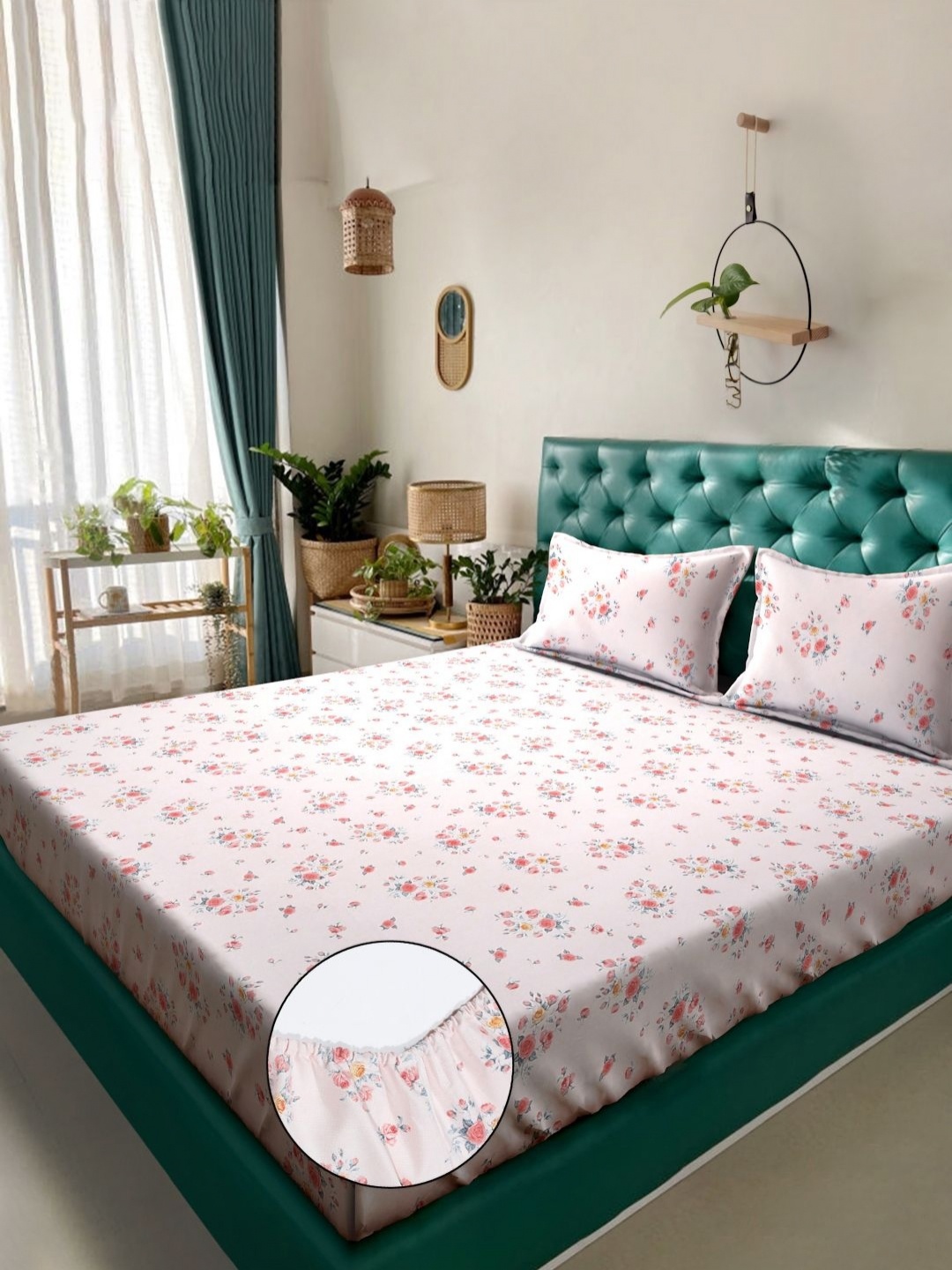 

KLOTTHE Pink & Red Floral Printed Fitted 300 TC King Bedsheet With 2 Pillow Cover