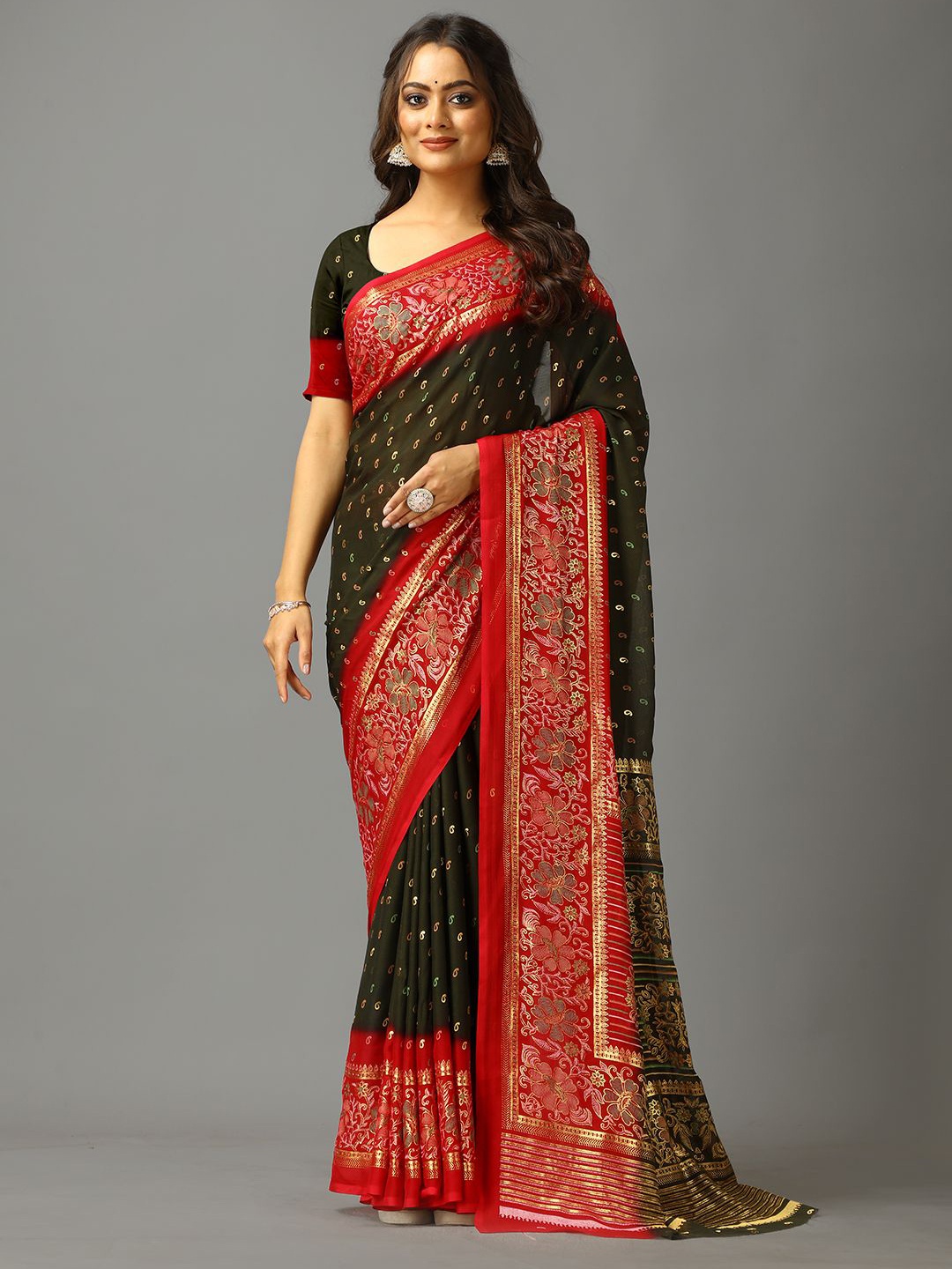 

NIRMAL CREATION Floral Pure Crepe Saree, Black