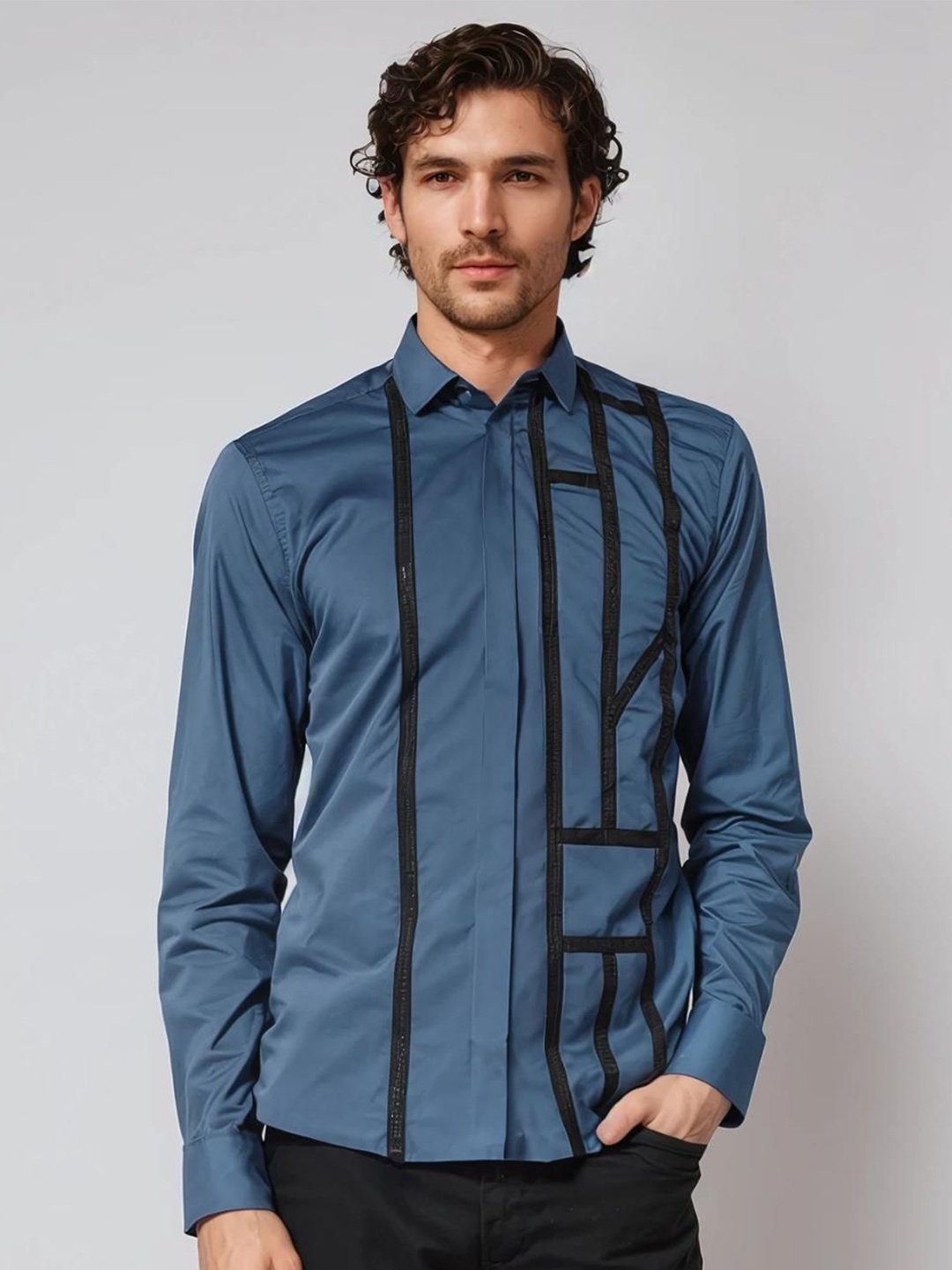 

HE SPOKE Men Smart Tailored Fit Opaque Party Shirt, Blue