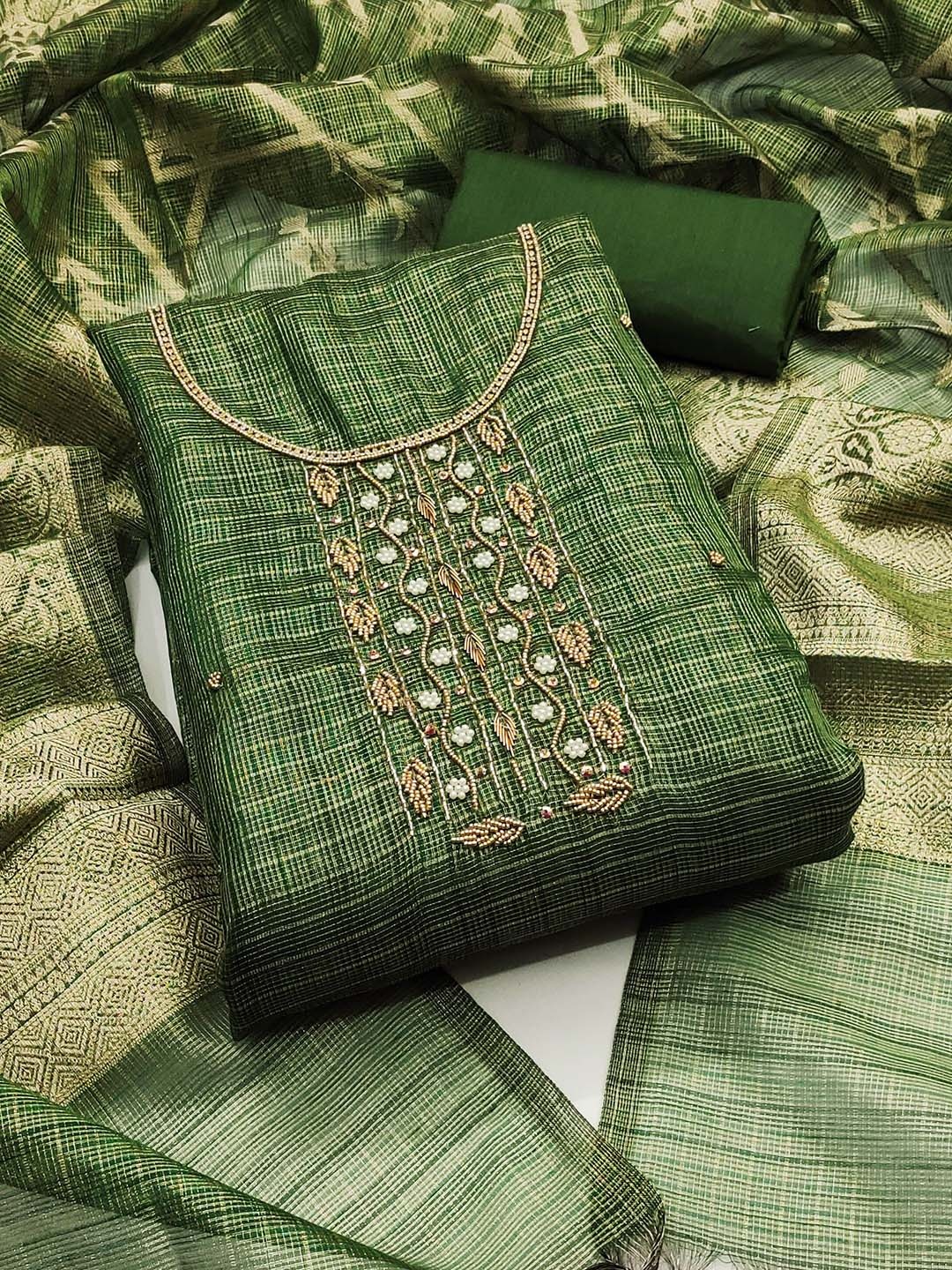 

SAINOOR Organza Semi-Stitched Dress Material, Green