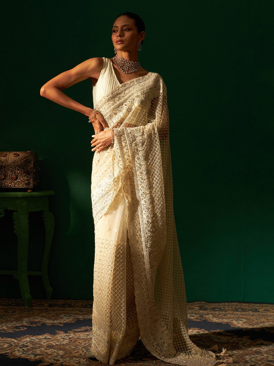 

Sabaahat Women Embellished Beads and Stones Net Saree, Off white