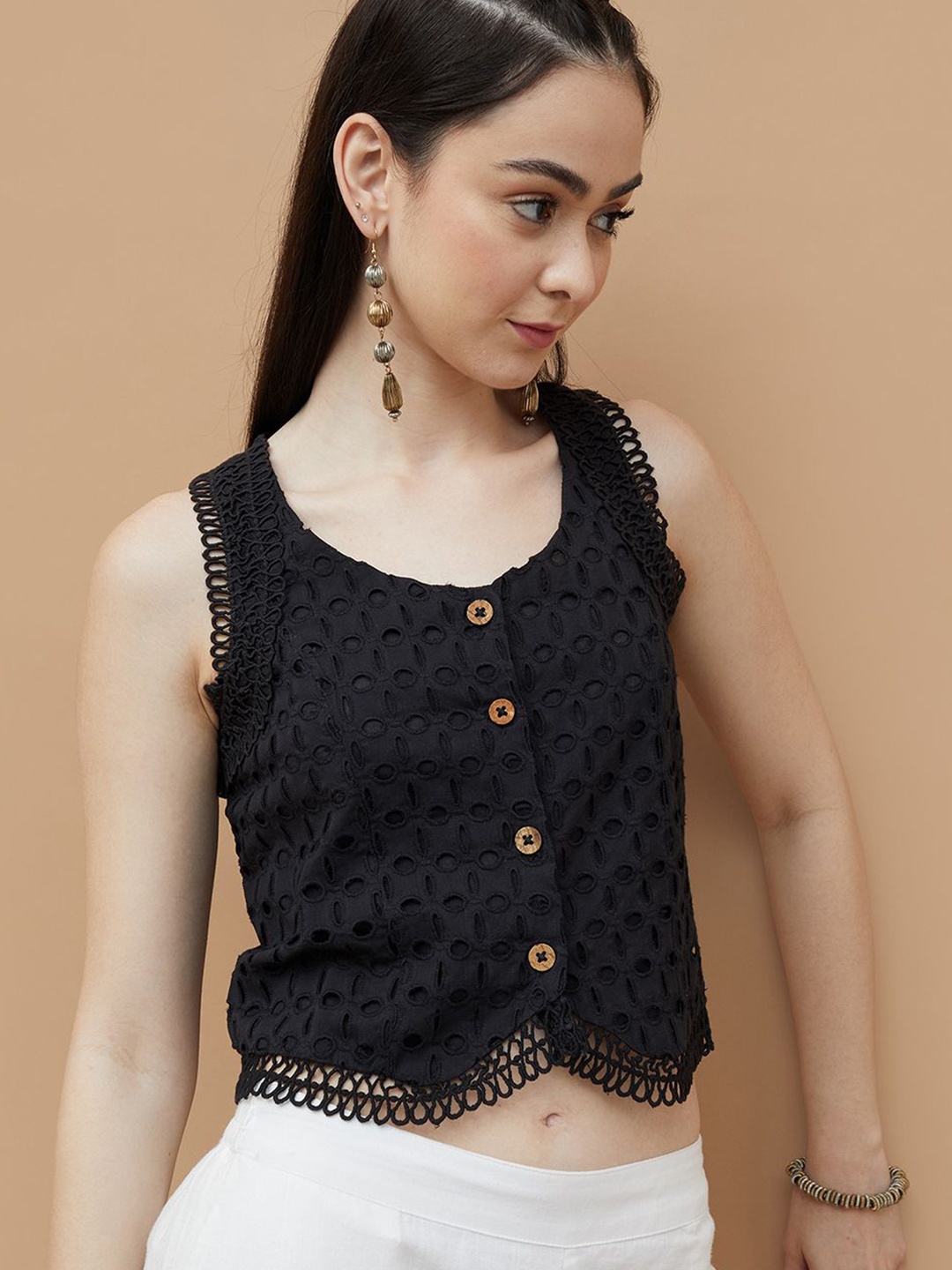 

Colour Me by Melange Women Cotton Self Design Schiffli Sleeveless Top, Black