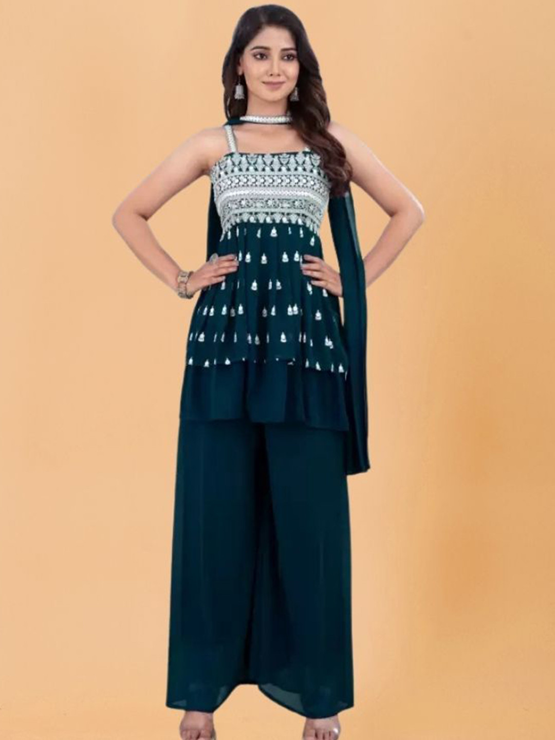 

PARROT CREATION Women Embroidered Regular Sequinned Kurti with Palazzos & With Dupatta, Turquoise blue
