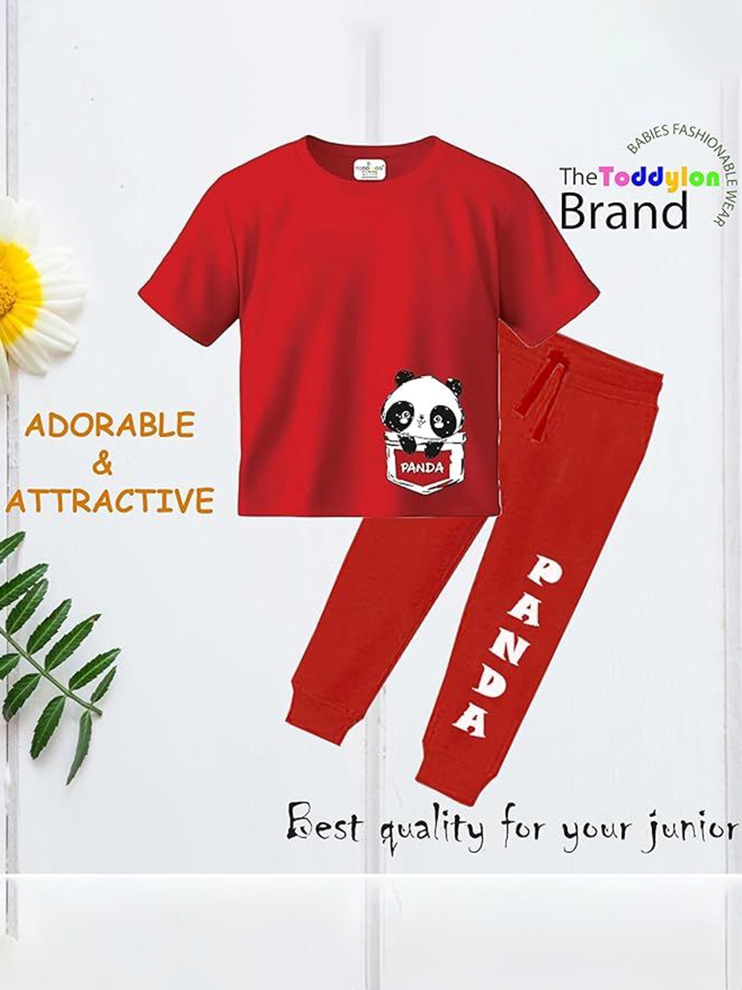 

Toddylon Kids Printed Round Neck Pure Cotton T-shirt With Joggers, Red