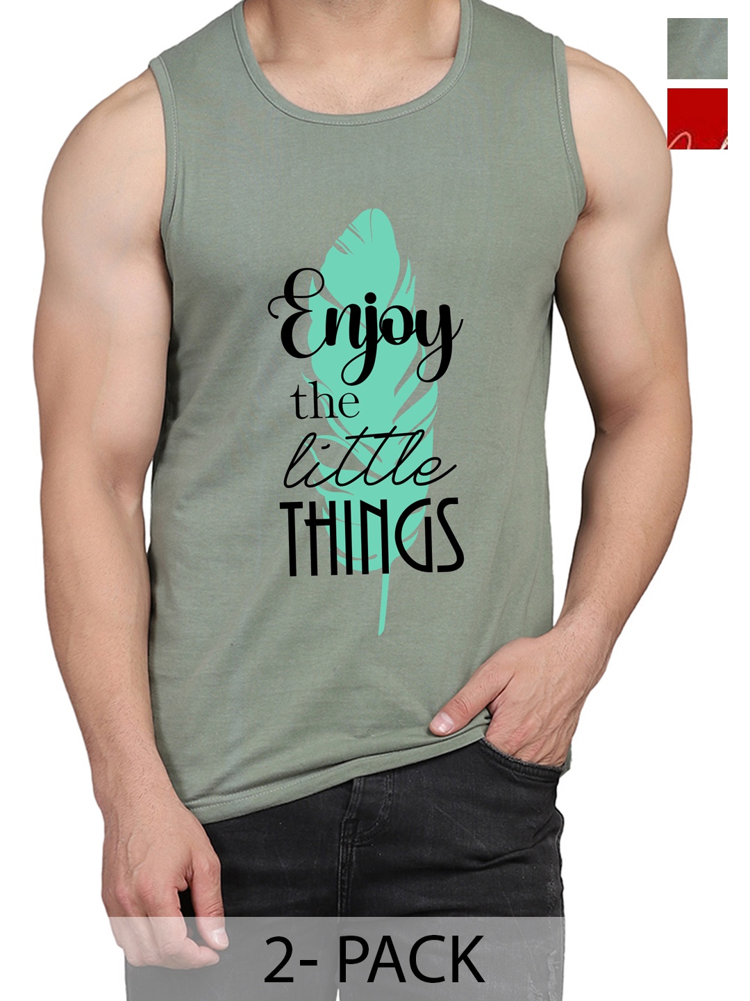 

WOOSTRO Pack Of 2 Cotton Printed Gym Vests, Green