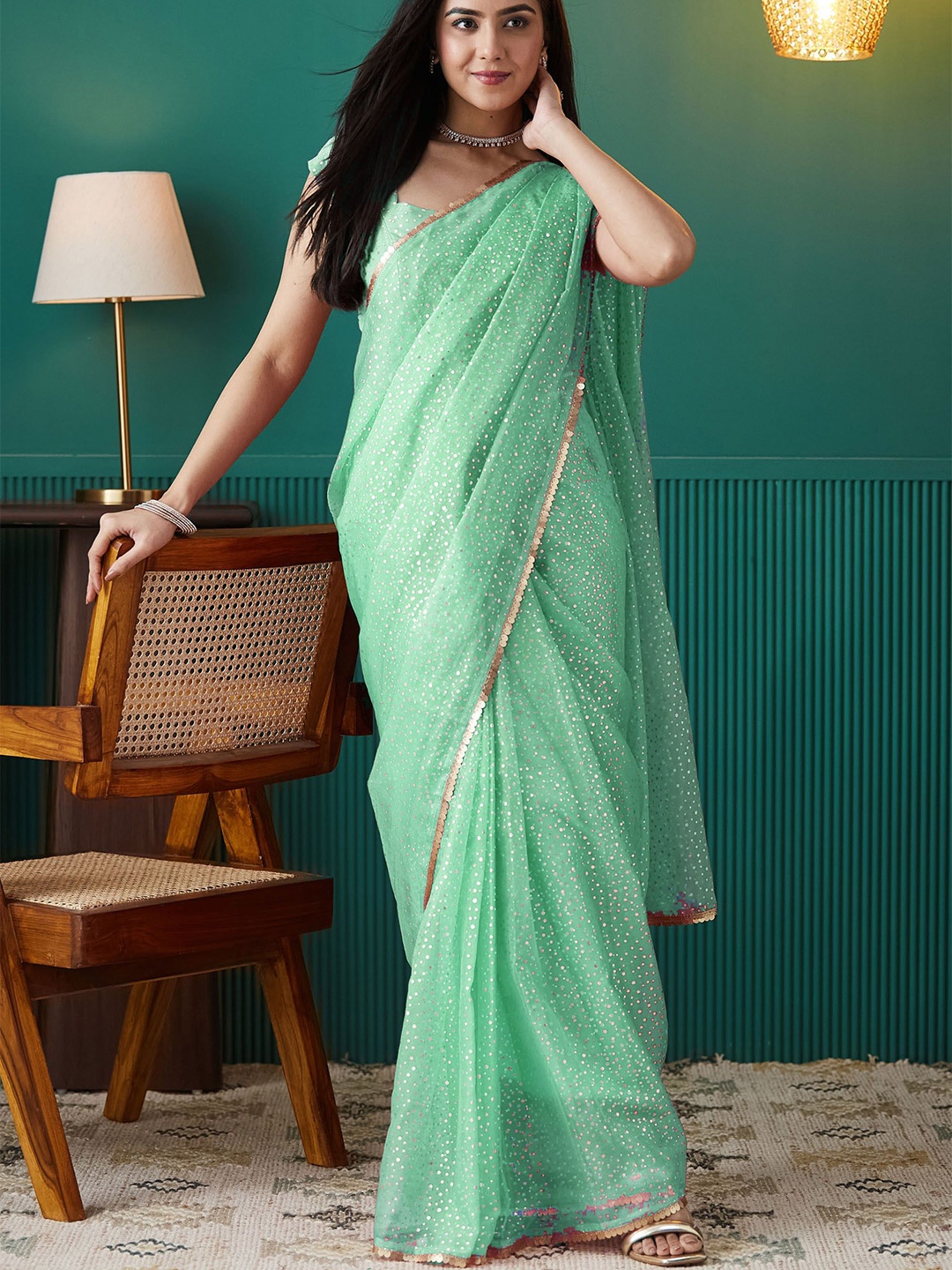 

RACHNA Organza Polka Dot Printed Ready to Wear Saree, Green